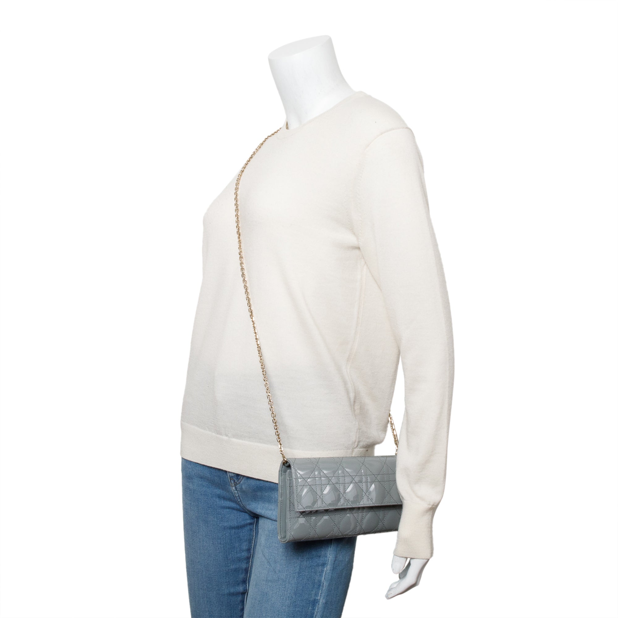 Christian Dior Grey Cannage Patent Leather Lady Dior Rendezvous Wallet on Chain w/ Box