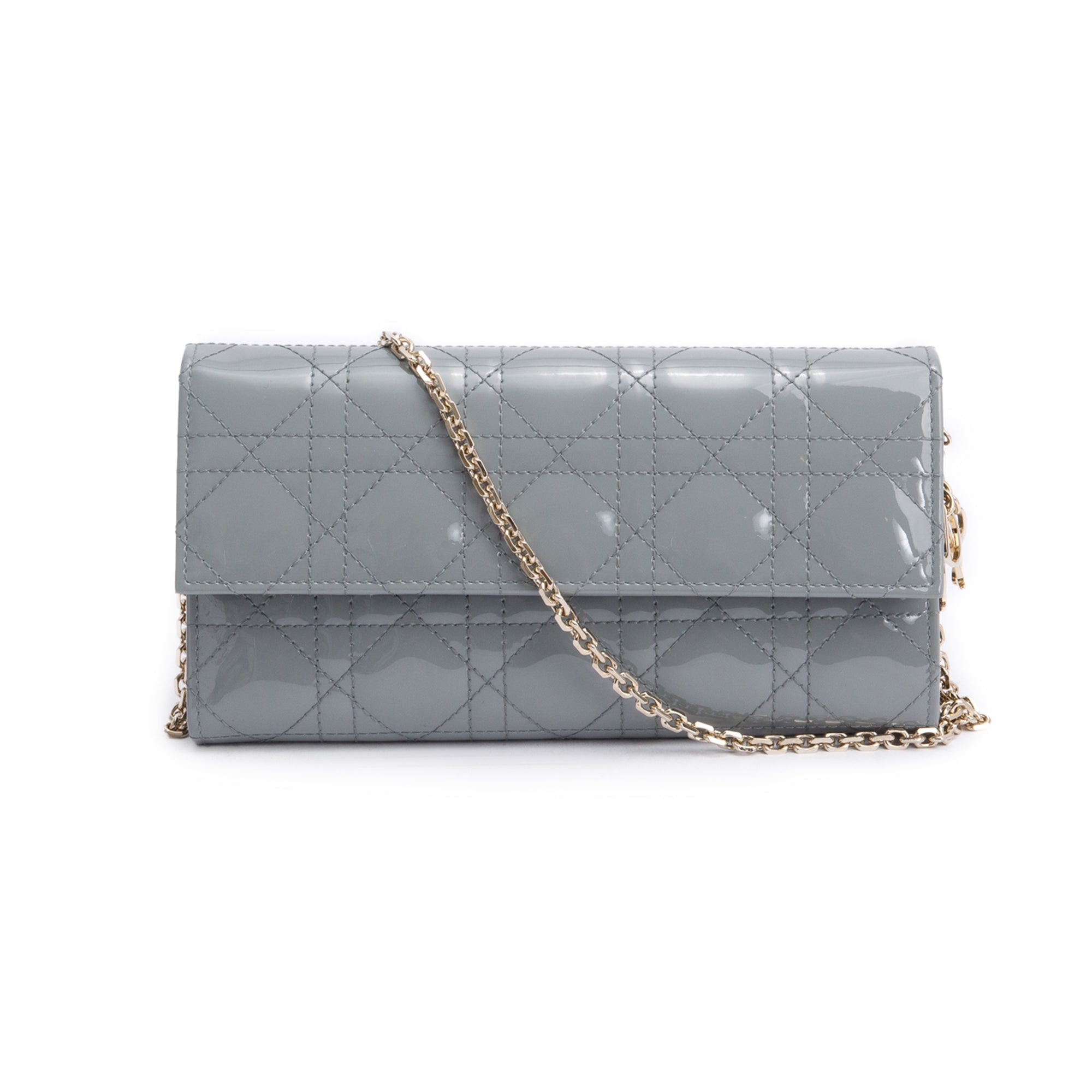 Christian Dior Grey Cannage Patent Leather Lady Dior Rendezvous Wallet on Chain w/ Box