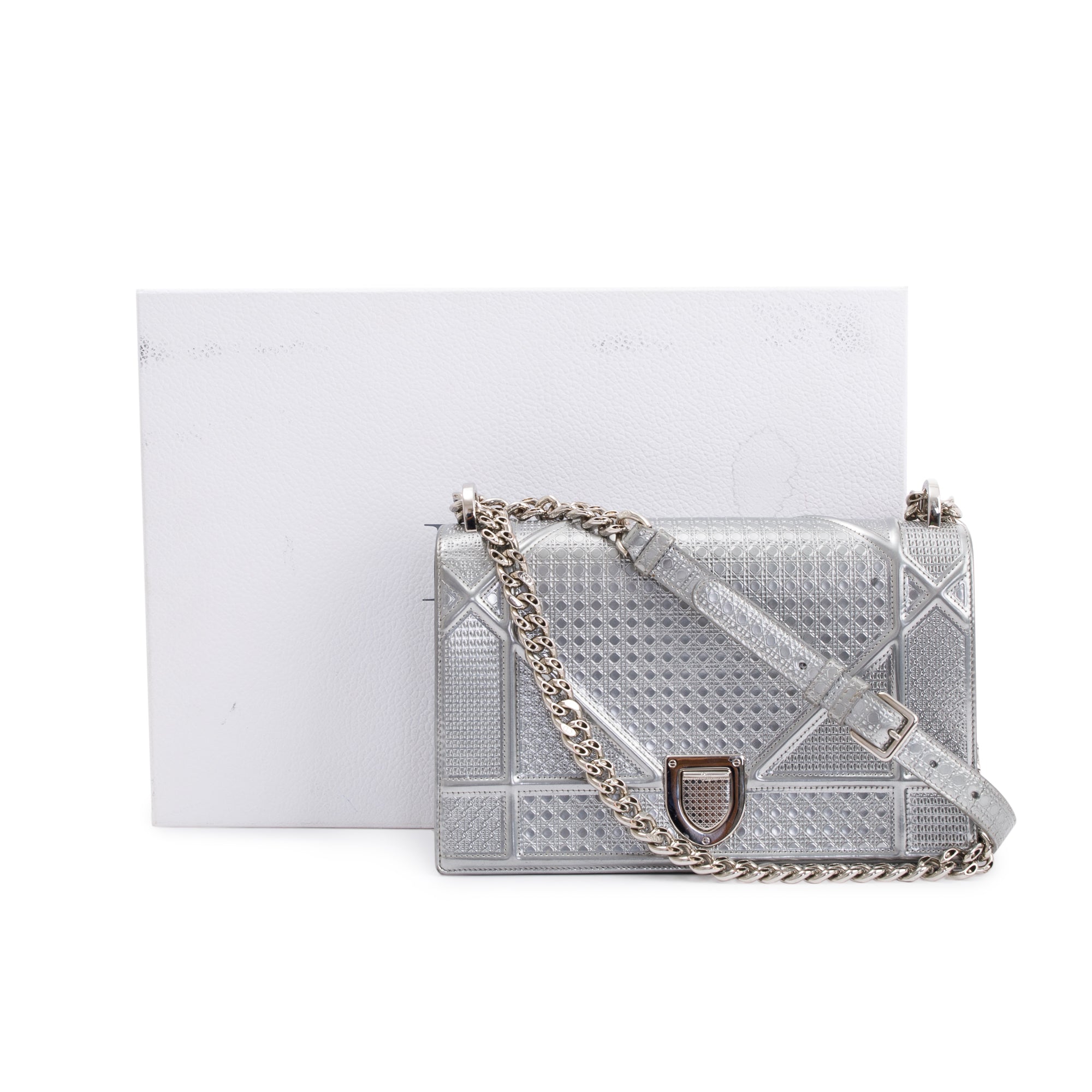 Christian Dior Large Silver Metallic Microcannage Diorama Shoulder Bag w/ Box