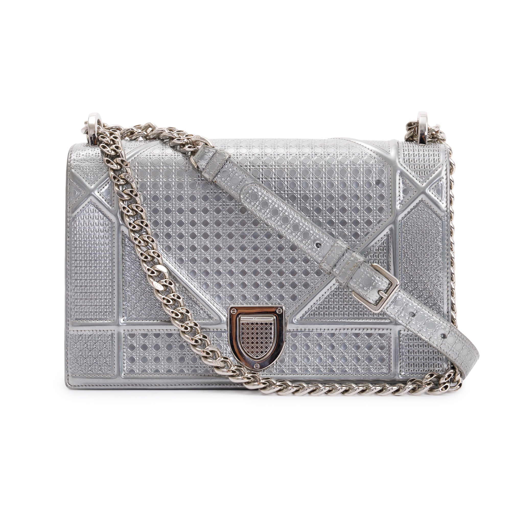 Christian Dior Large Silver Metallic Microcannage Diorama Shoulder Bag w/ Box