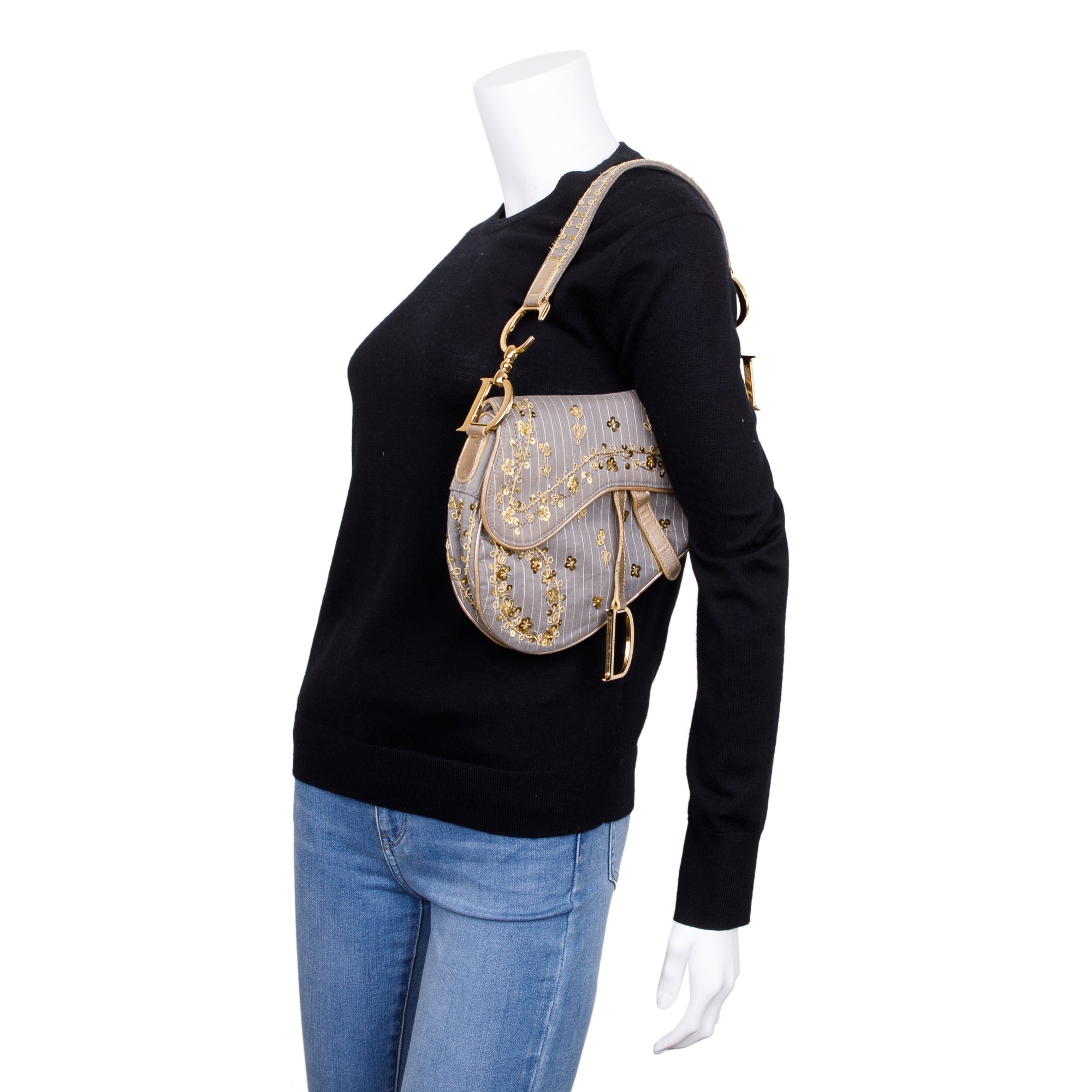 Christian Dior Limited Edition Grey Canvas Sequin-Embellished Saddle Bag