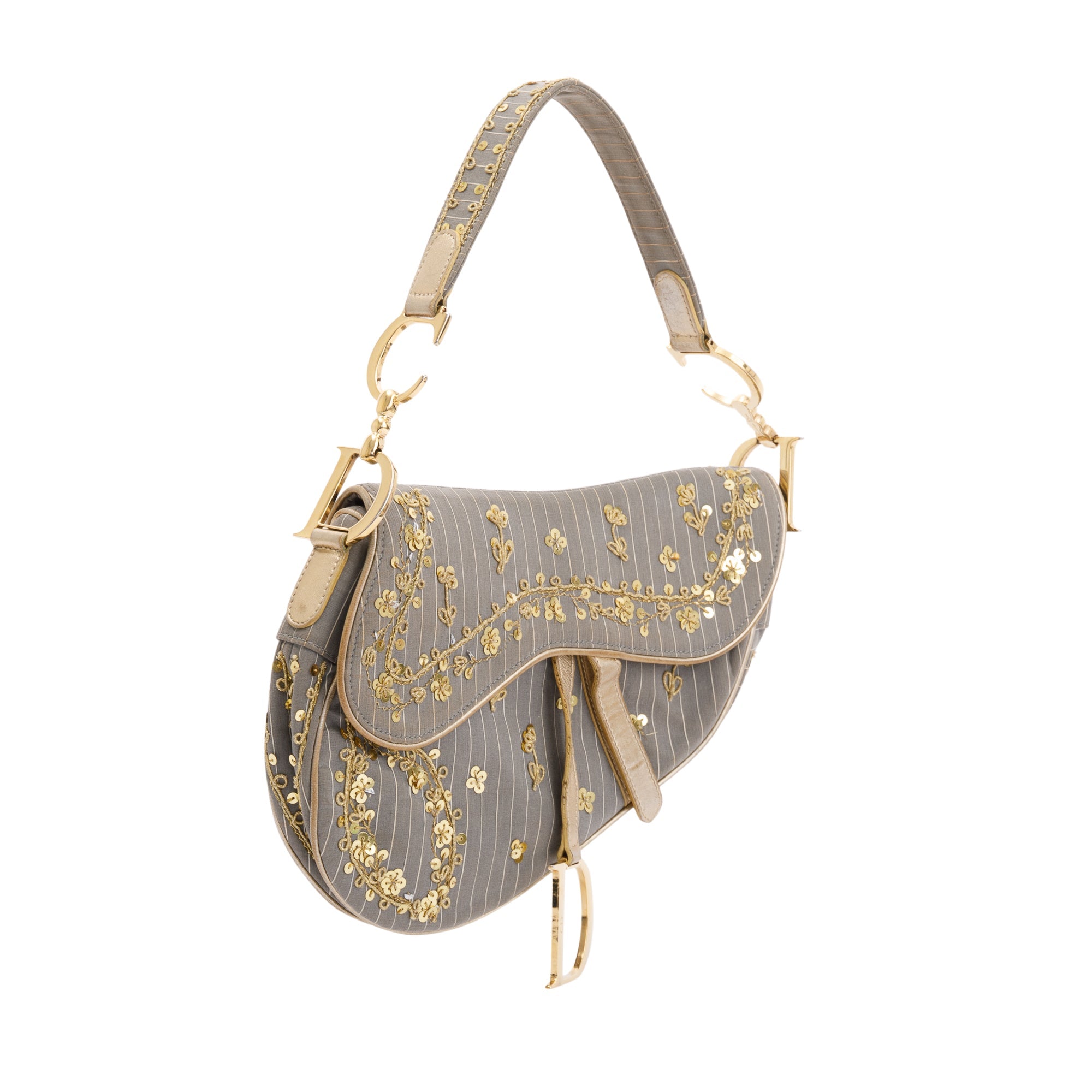 Christian Dior Limited Edition Grey Canvas Sequin-Embellished Saddle Bag