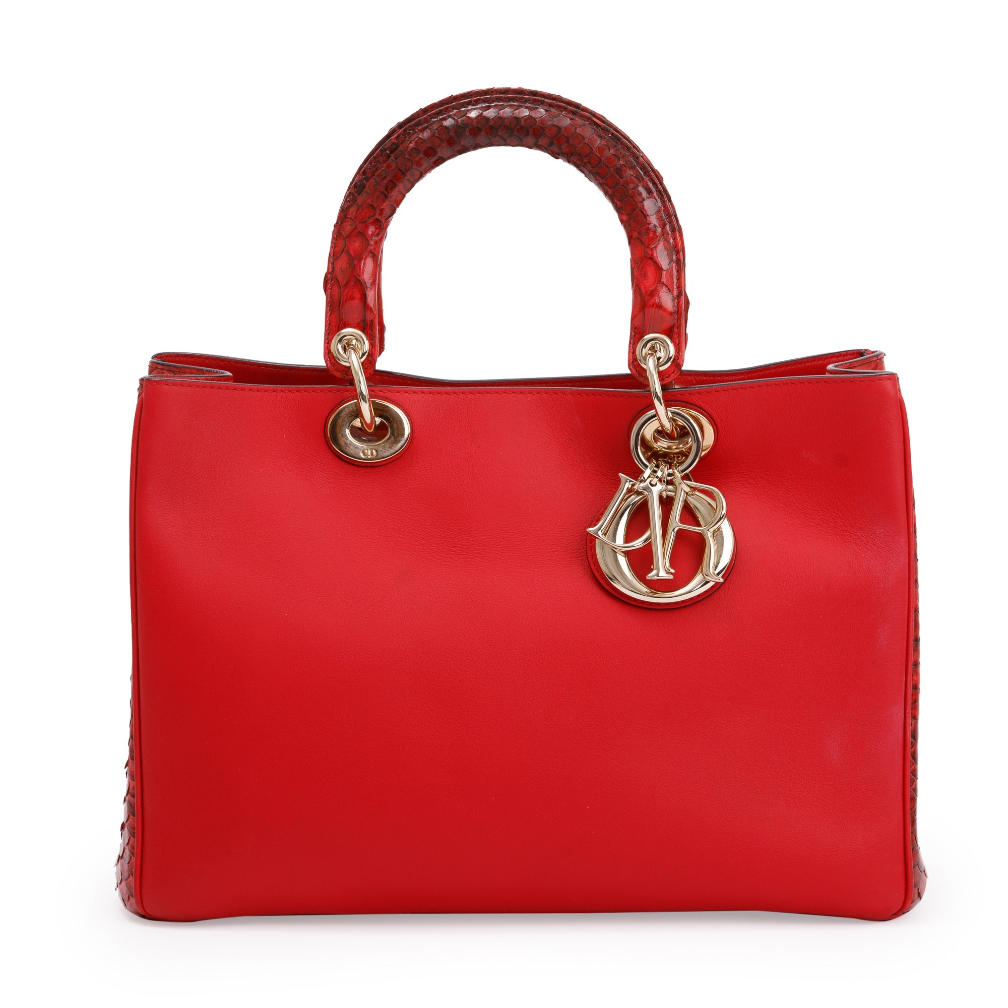 Christian Dior Medium Red Python Trimmed Calfskin Leather Diorissimo Tote w/ Strap & Pouch
