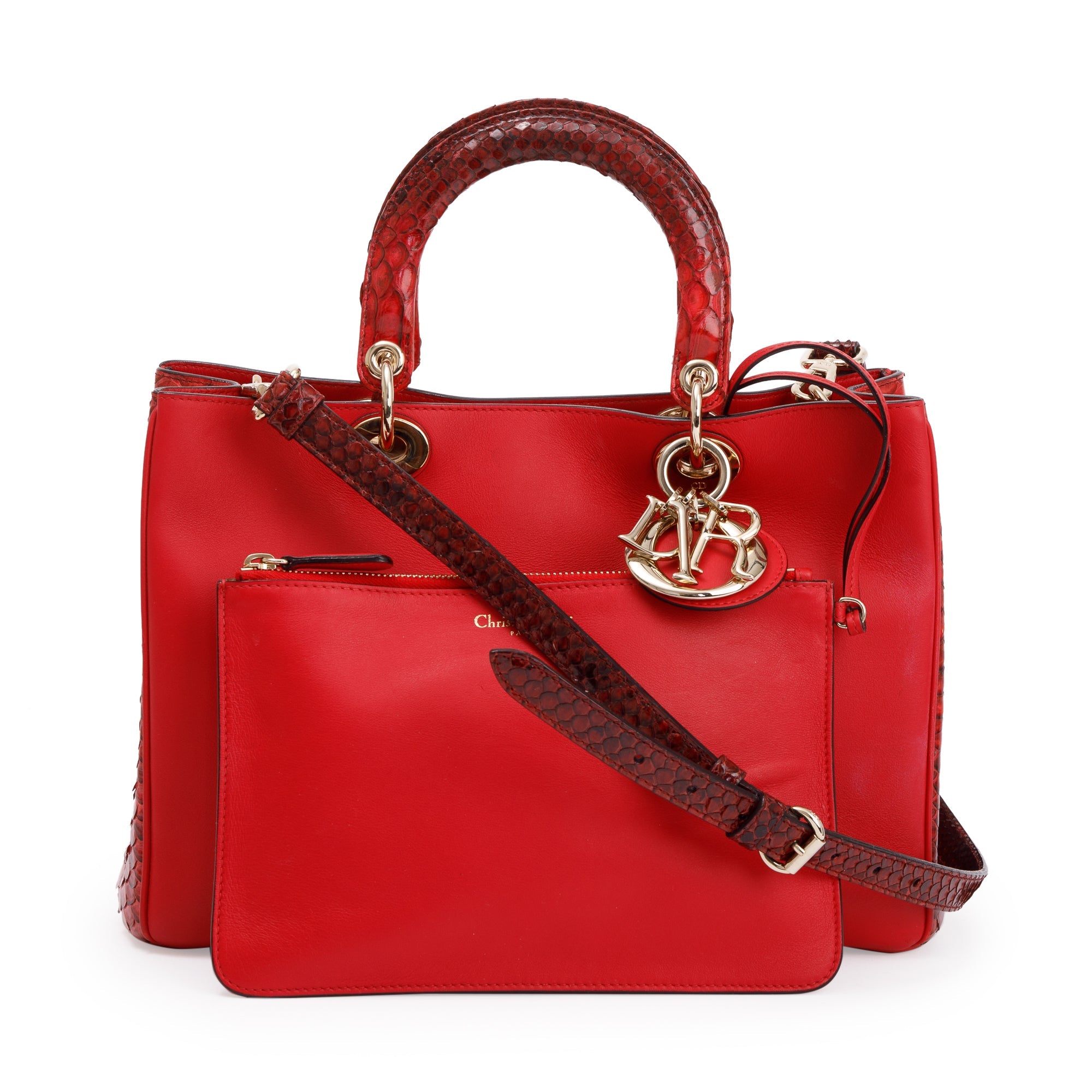 Christian Dior Medium Red Python Trimmed Calfskin Leather Diorissimo Tote w/ Strap & Pouch