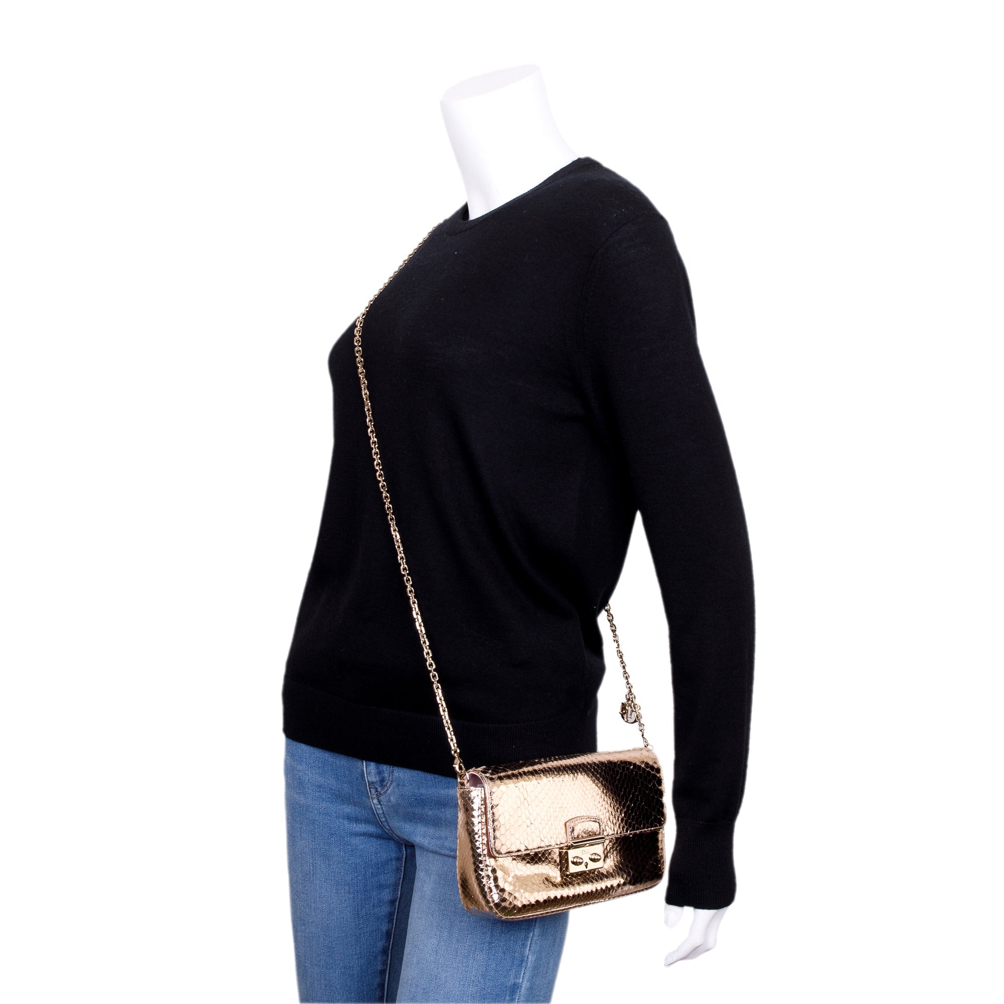 Christian Dior Metallic Gold Python Miss Dior Promenade Wallet on Chain w/ Authenticity Card