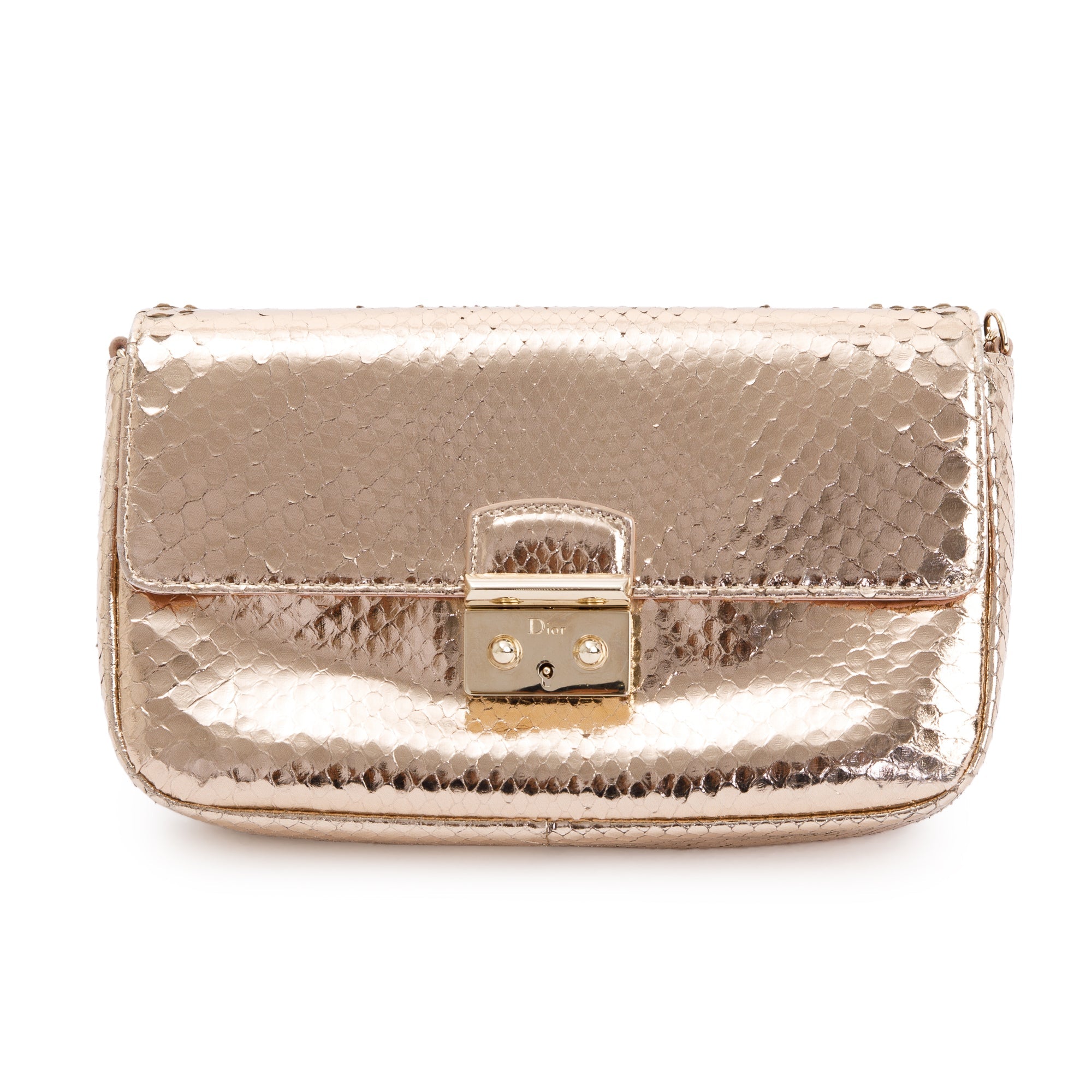 Christian Dior Metallic Gold Python Miss Dior Promenade Wallet on Chain w/ Authenticity Card