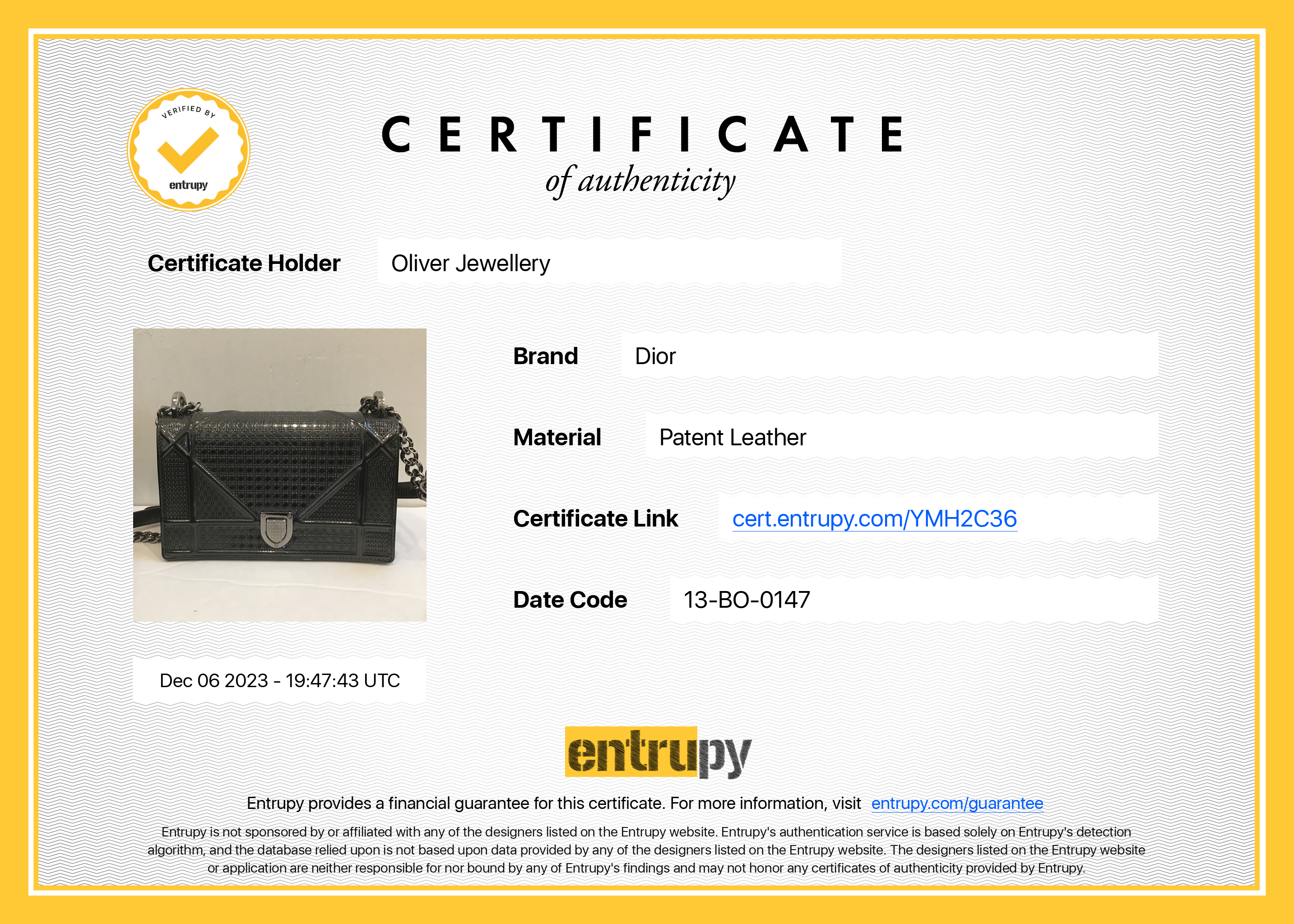 Christian Dior Metallic Grey Micro-Cannage Patent Leather Small Diorama Shoulder Bag w/ Box & Authenticity Card