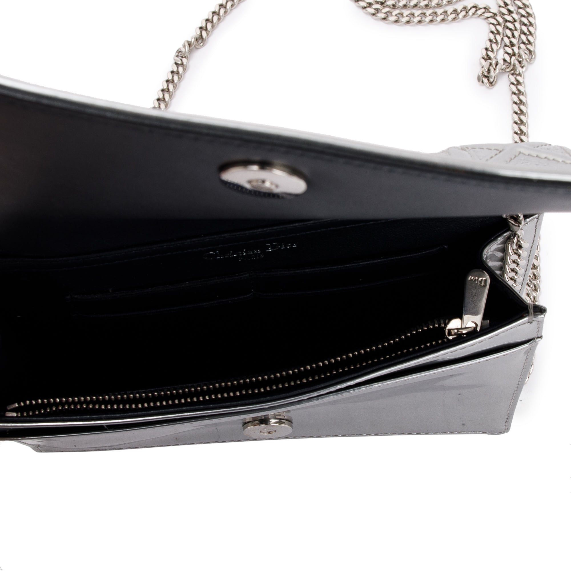 Christian Dior Metallic Silver Cannage Patent Leather Diorama Wallet on Chain