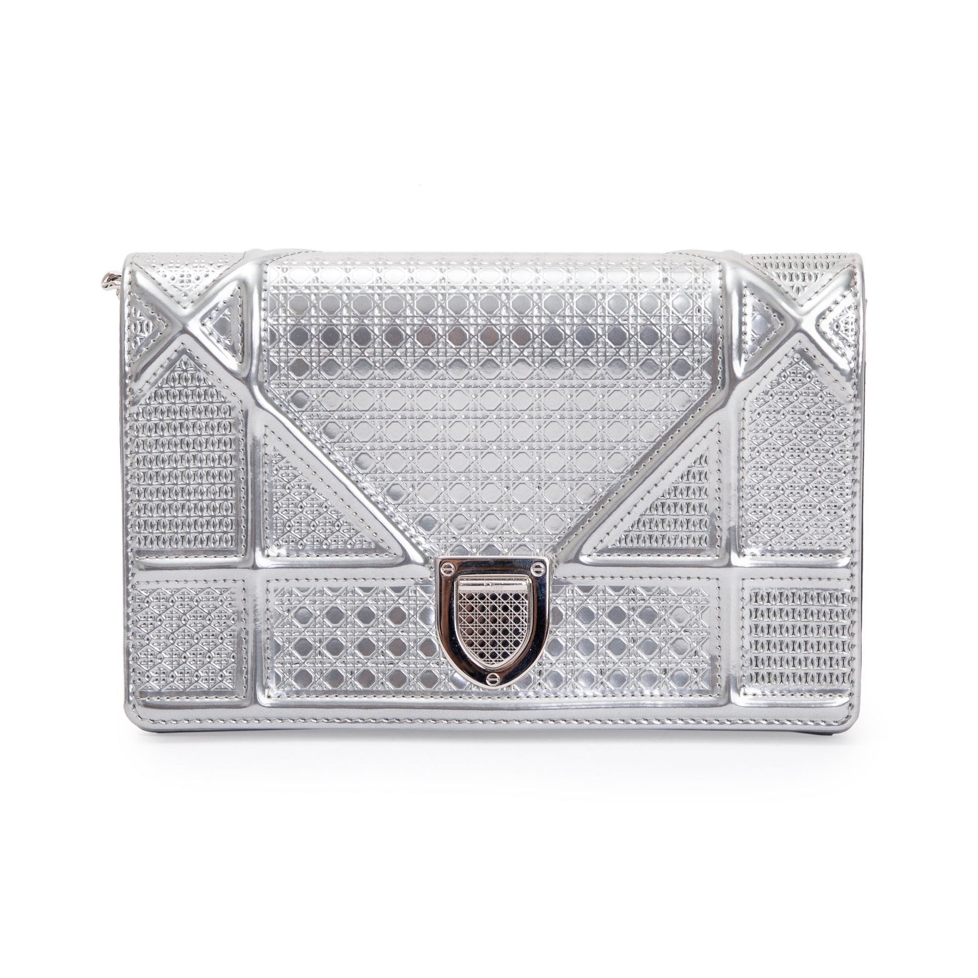 Christian Dior Metallic Silver Cannage Patent Leather Diorama Wallet on Chain