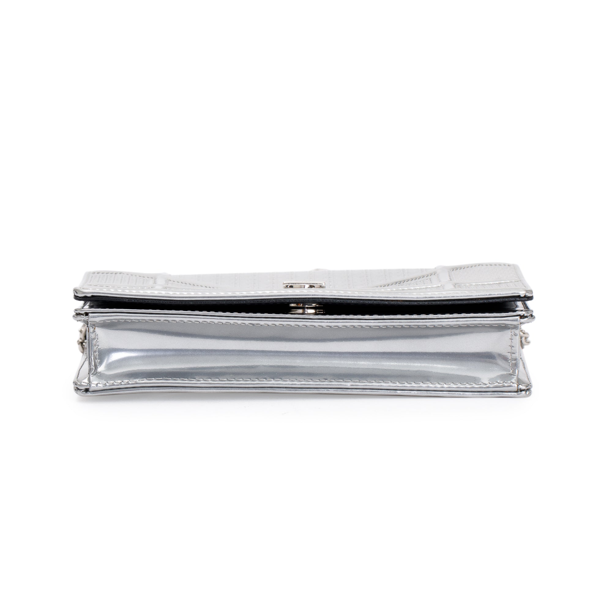 Christian Dior Metallic Silver Cannage Patent Leather Diorama Wallet on Chain