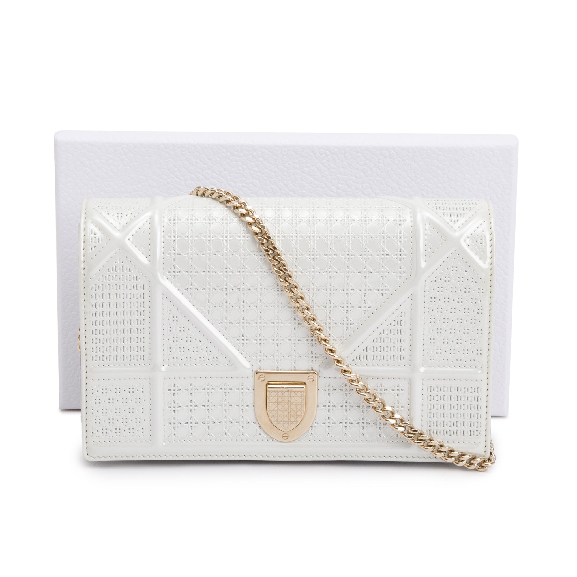 Christian Dior Metallic White Microcannage Patent Leather Diorama Wallet on Chain w/ Box & Authenticity Card