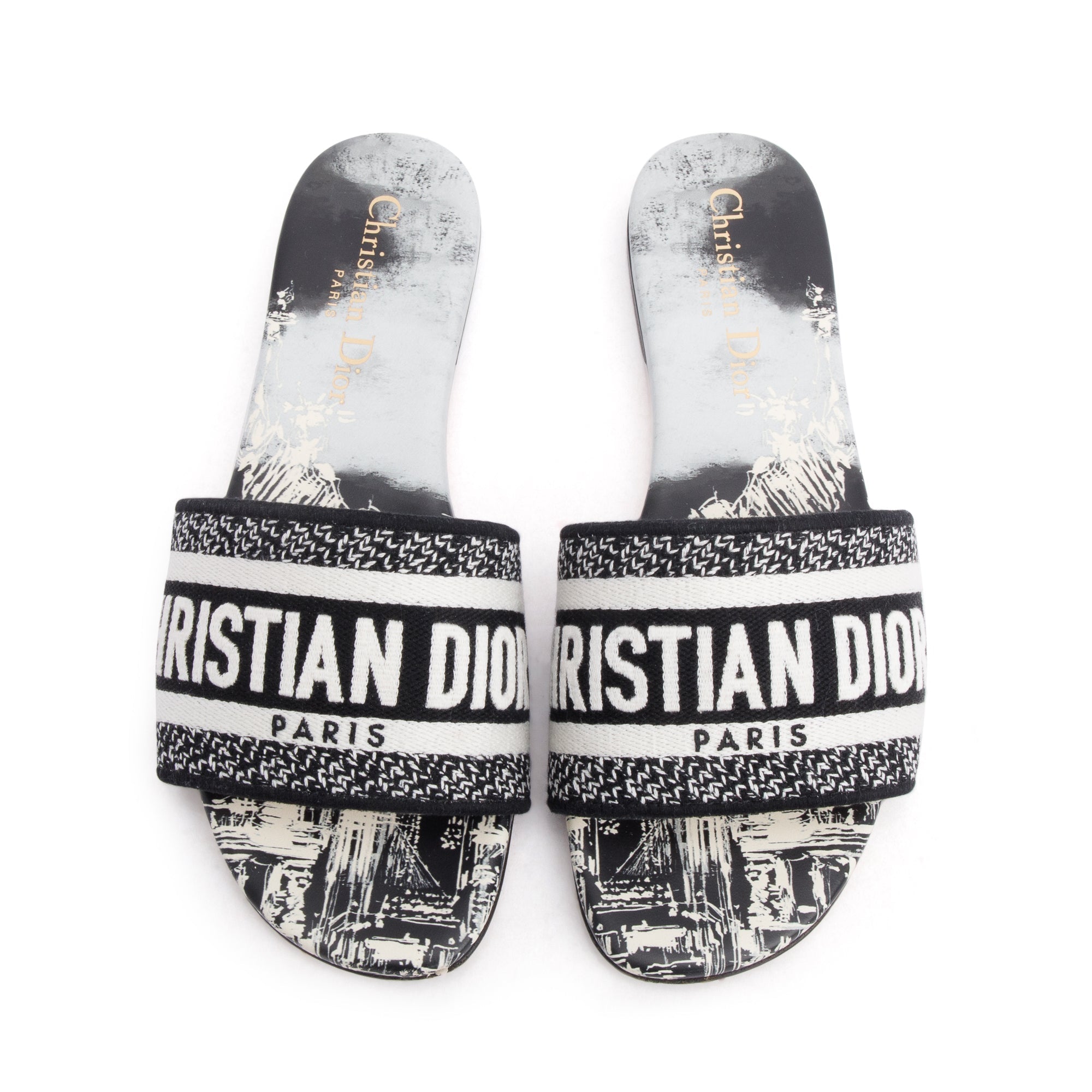 Christian Dior Navy Embroidered Cotton Dway Slide, Size 35 w/ Box