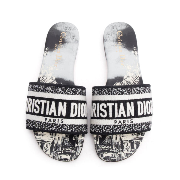 Christian Dior Navy Embroidered Cotton Dway Slide, Size 35 w/ Box