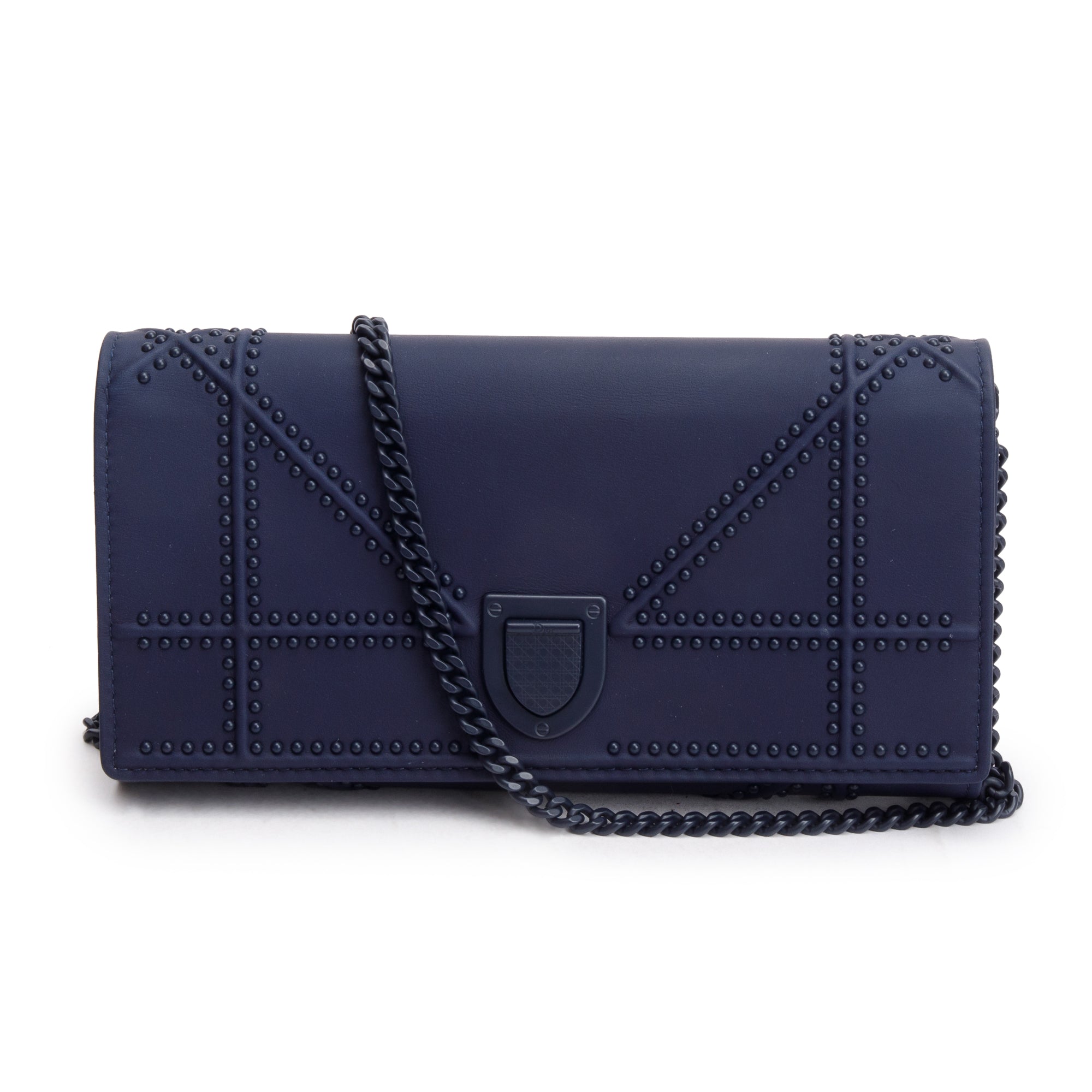 Christian Dior Navy Ultra Matte Calfskin Leather Studded Croisiere Diorama Wallet on Chain w/ Box