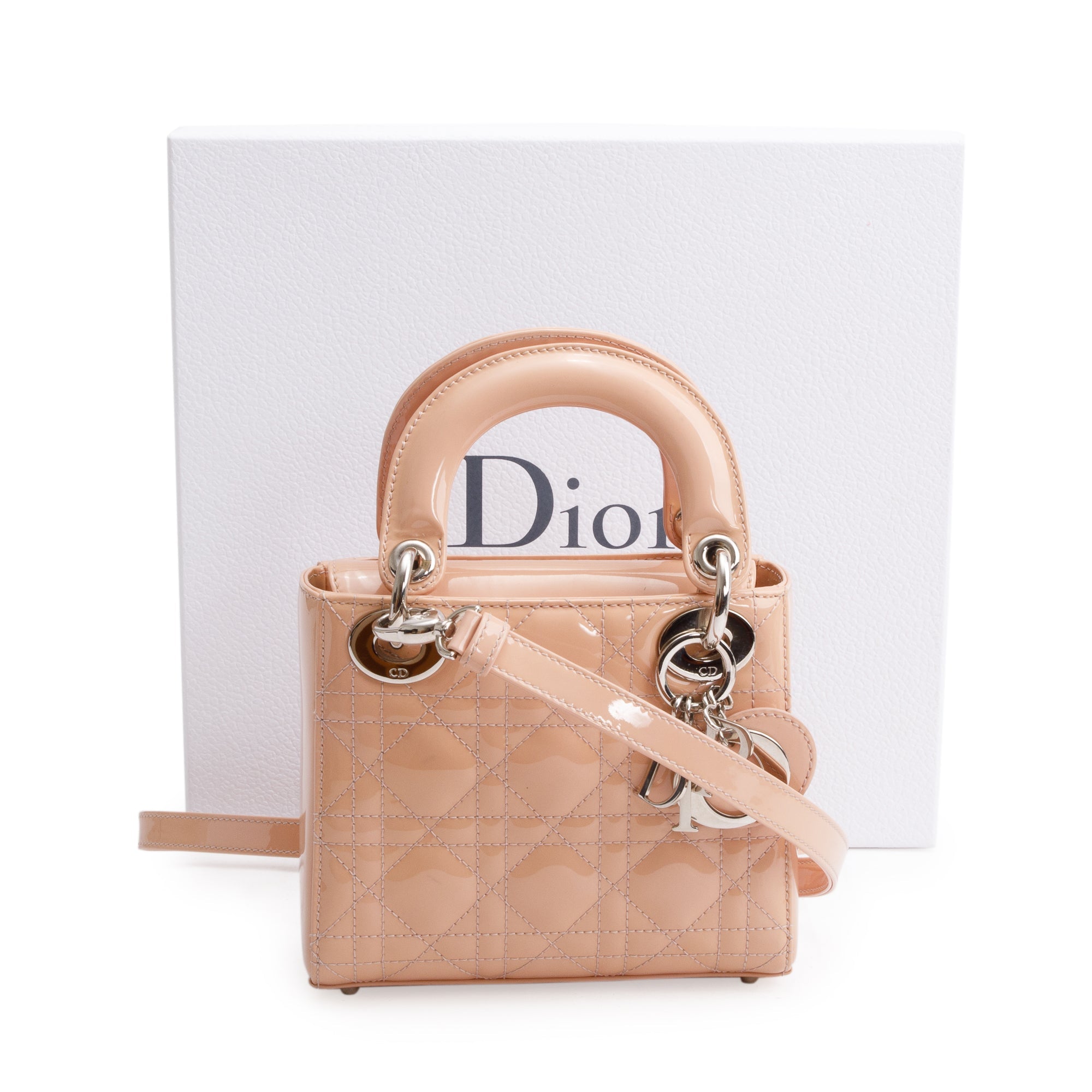 Christian Dior Neutral Cannage Patent Leather Mini Lady Dior Bag w/ Box