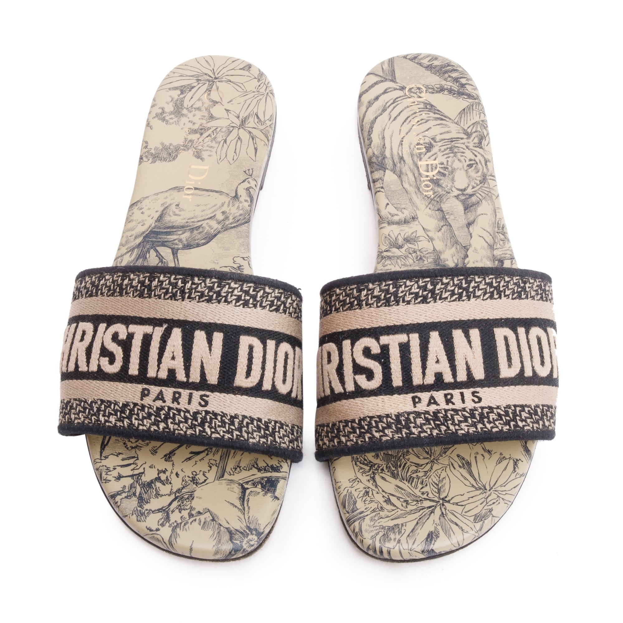 Christian Dior Neutral/Navy Embroidered Cotton Dway Slide, Size 37 w/ Box