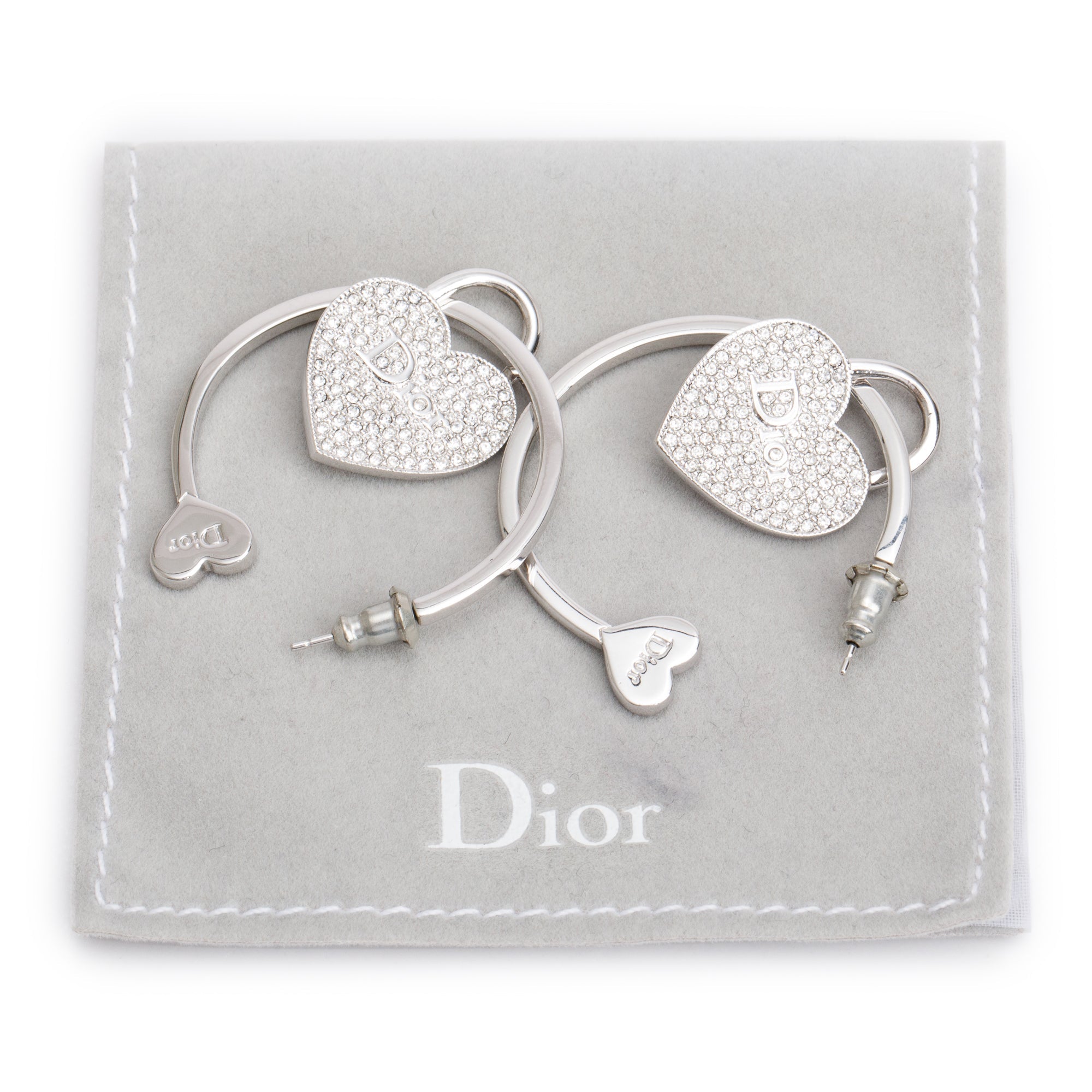 Christian Dior Palladium-Plated Crystal Heart Charm Hoop Earrings