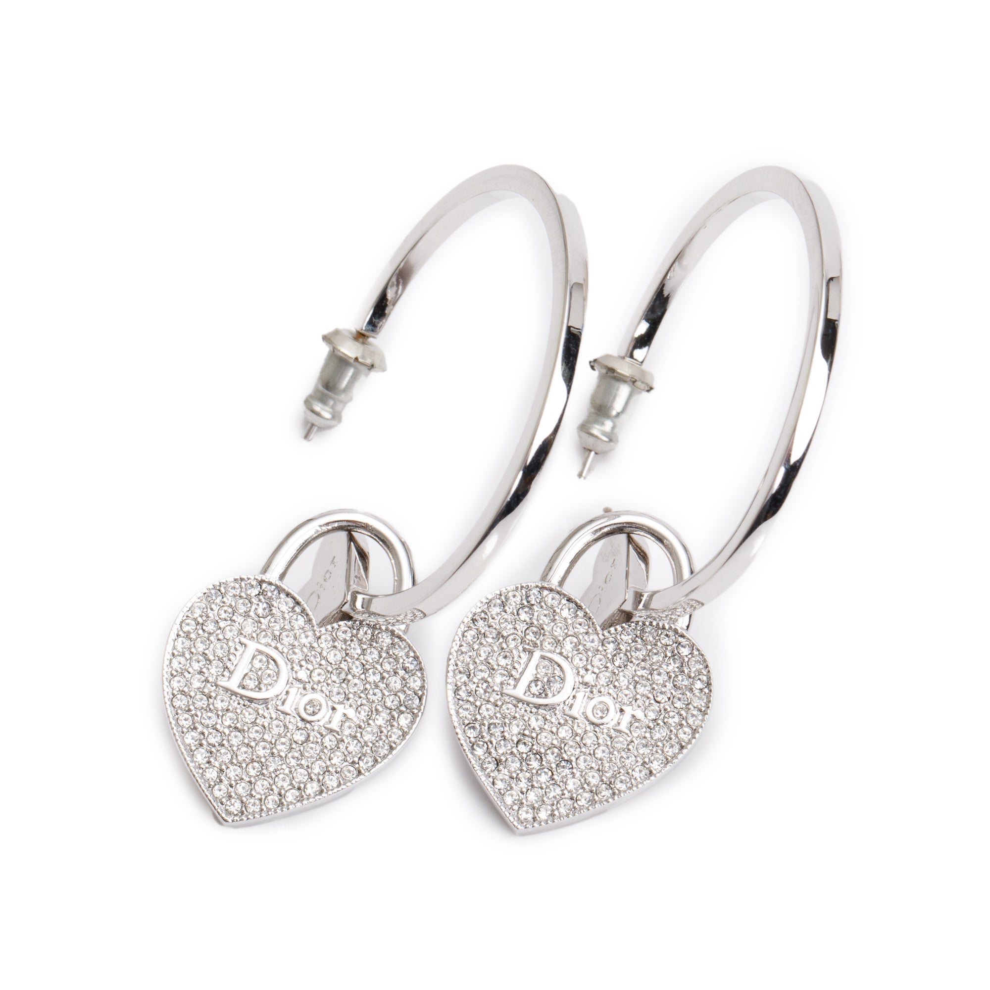 Christian Dior Palladium-Plated Crystal Heart Charm Hoop Earrings