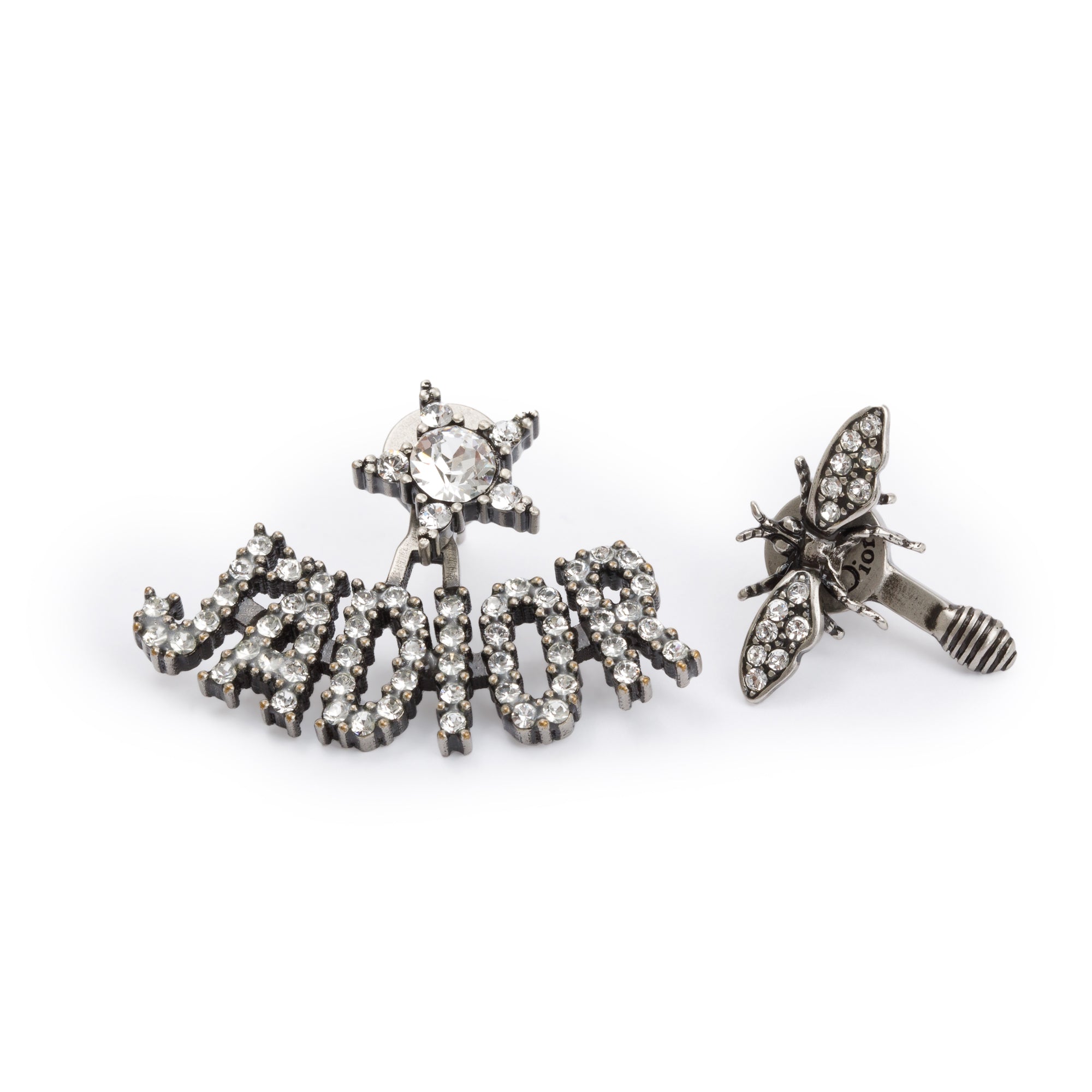 Christian Dior Palladium-Plated Crystal J'Adior Asymmetrical Bee Earrings w/ Box