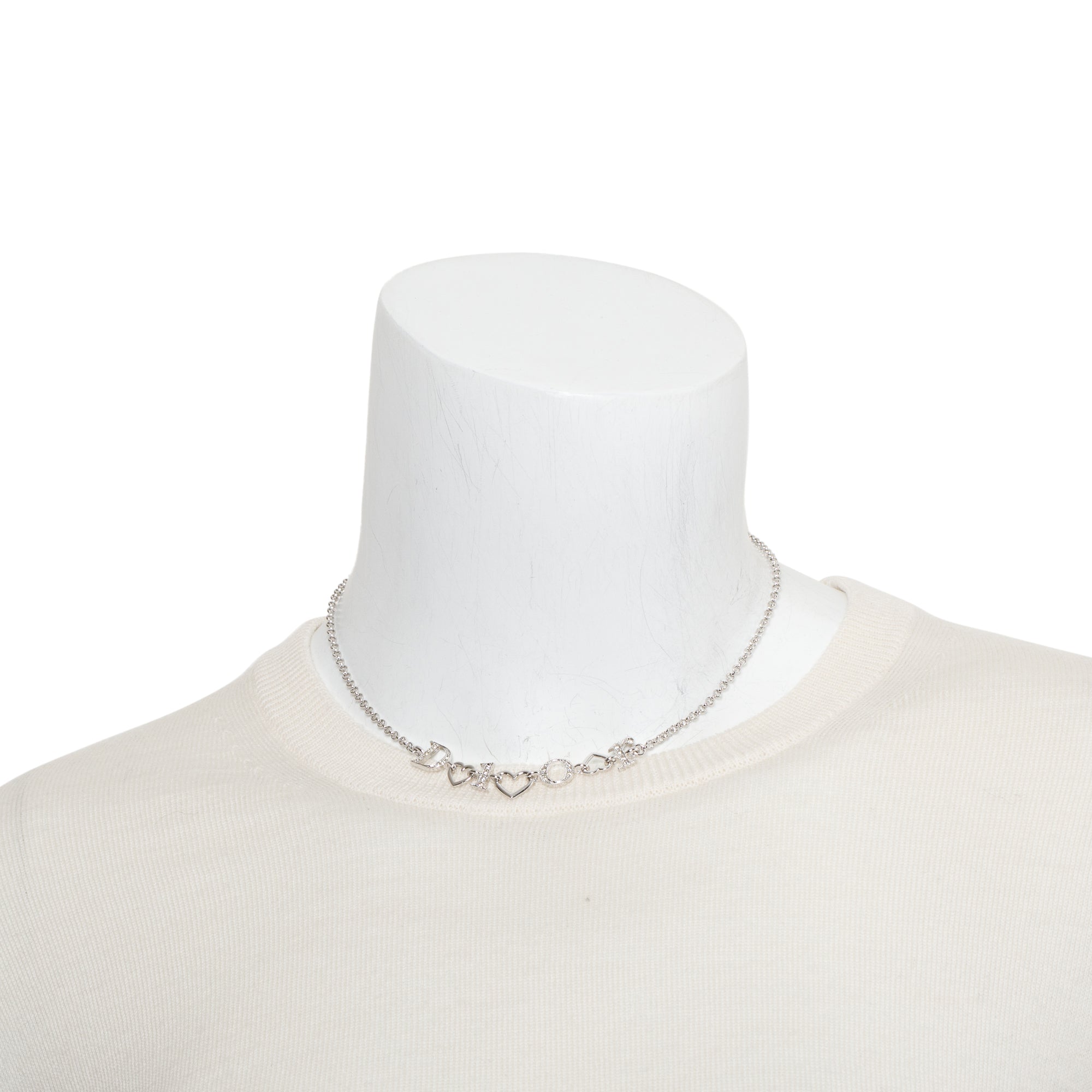 Christian Dior Palladium Plated Crystal Logo Heart Necklace w/ Box