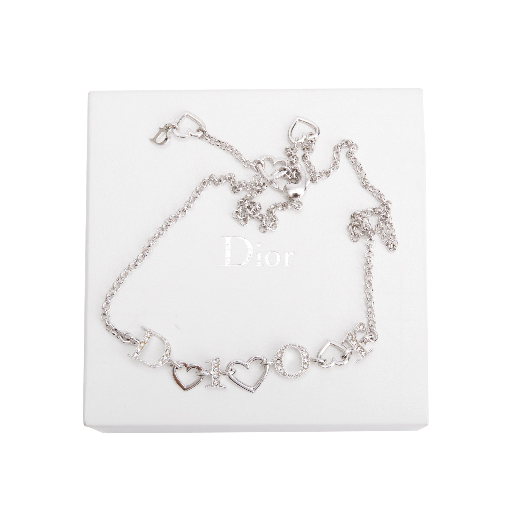 Christian Dior Palladium Plated Crystal Logo Heart Necklace w/ Box