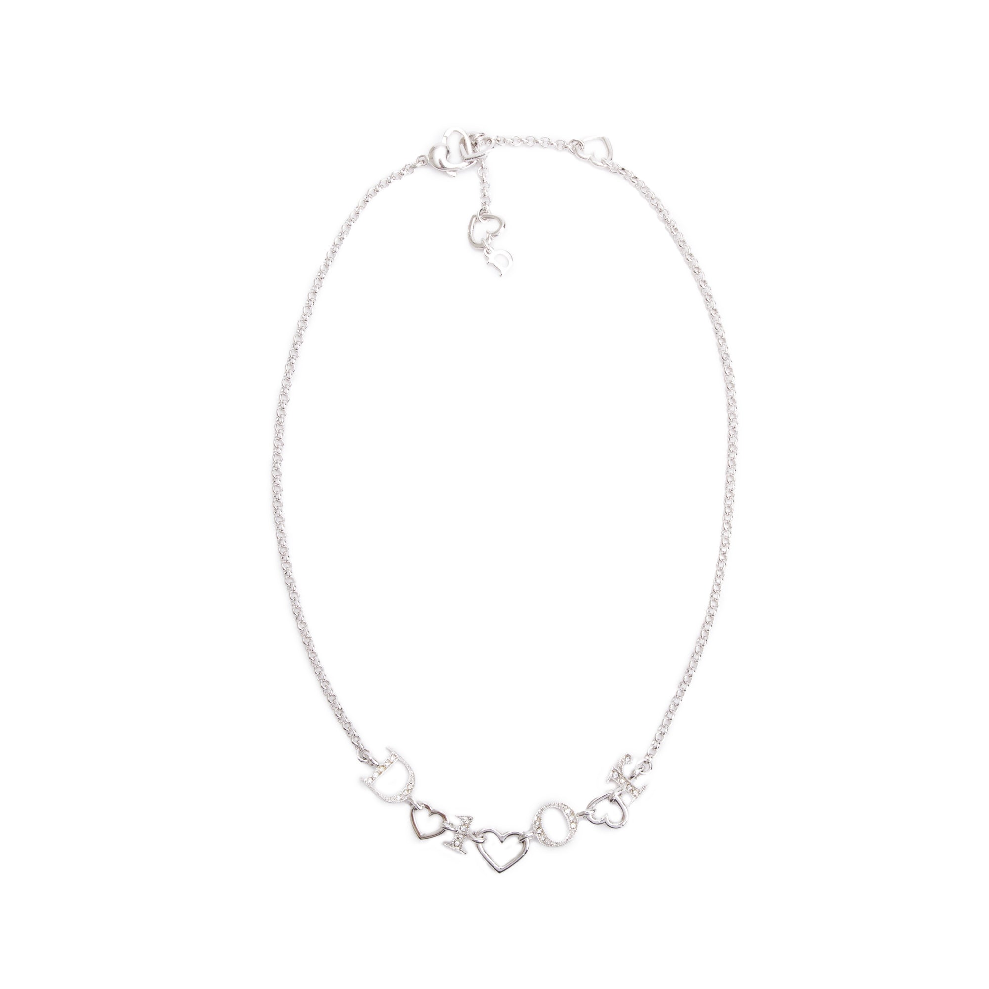 Christian Dior Palladium Plated Crystal Logo Heart Necklace w/ Box