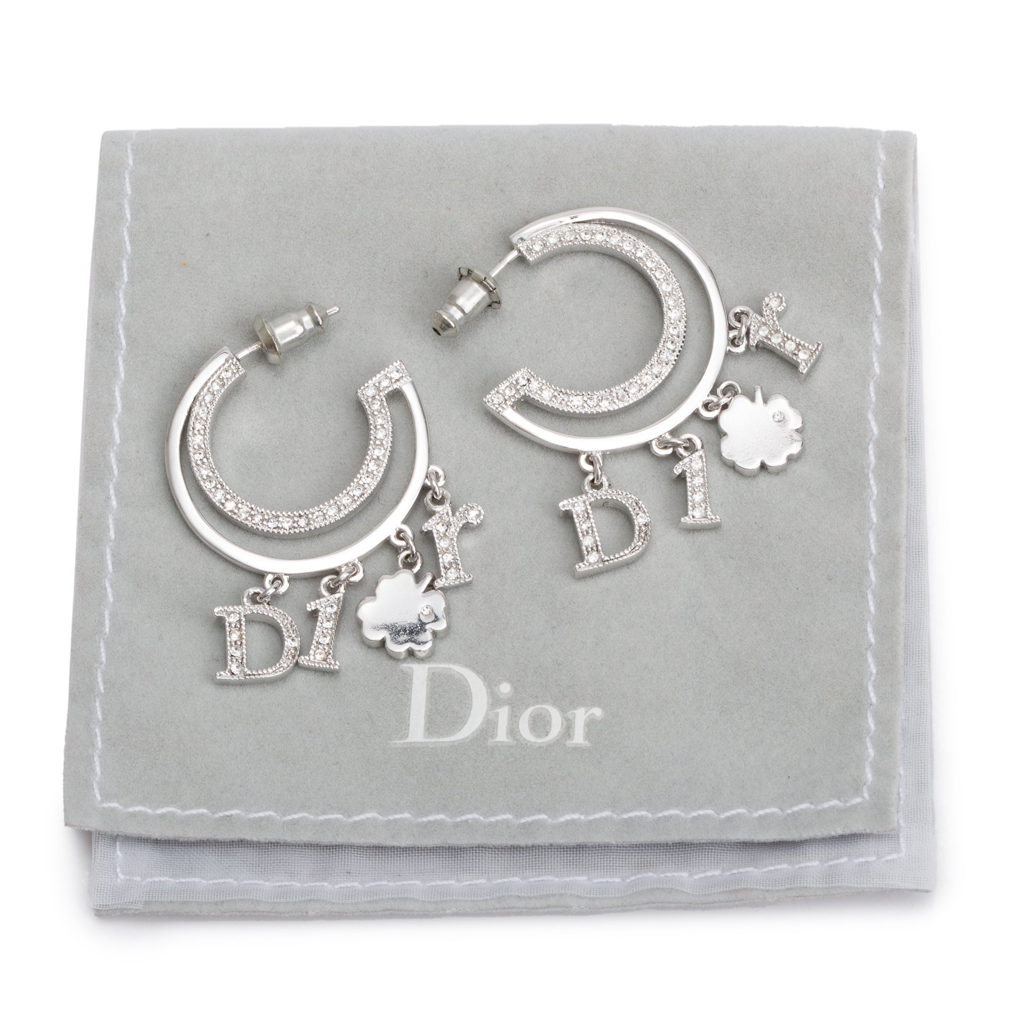 Christian Dior Palladium-Plated Crystal Lucky Charm Hoop Earrings