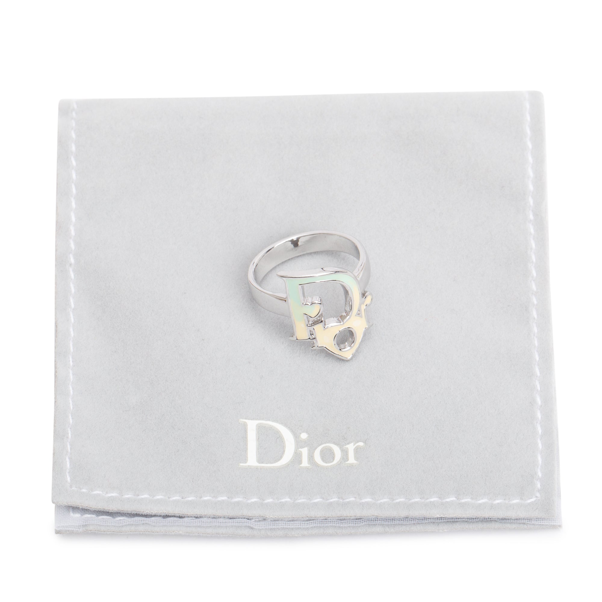 Christian Dior Palladium Plated Enamel Logo Ring, Size 6