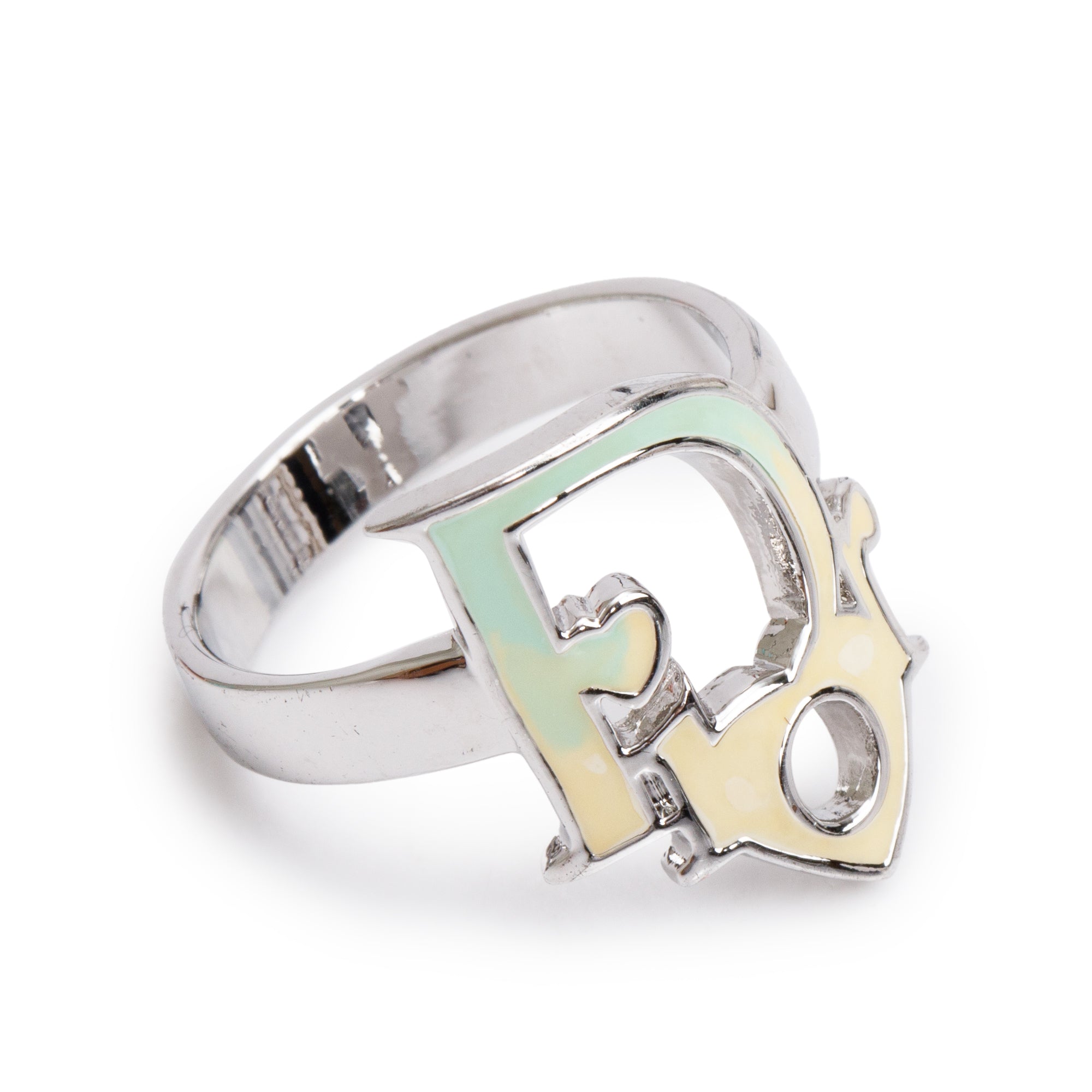 Christian Dior Palladium Plated Enamel Logo Ring, Size 6