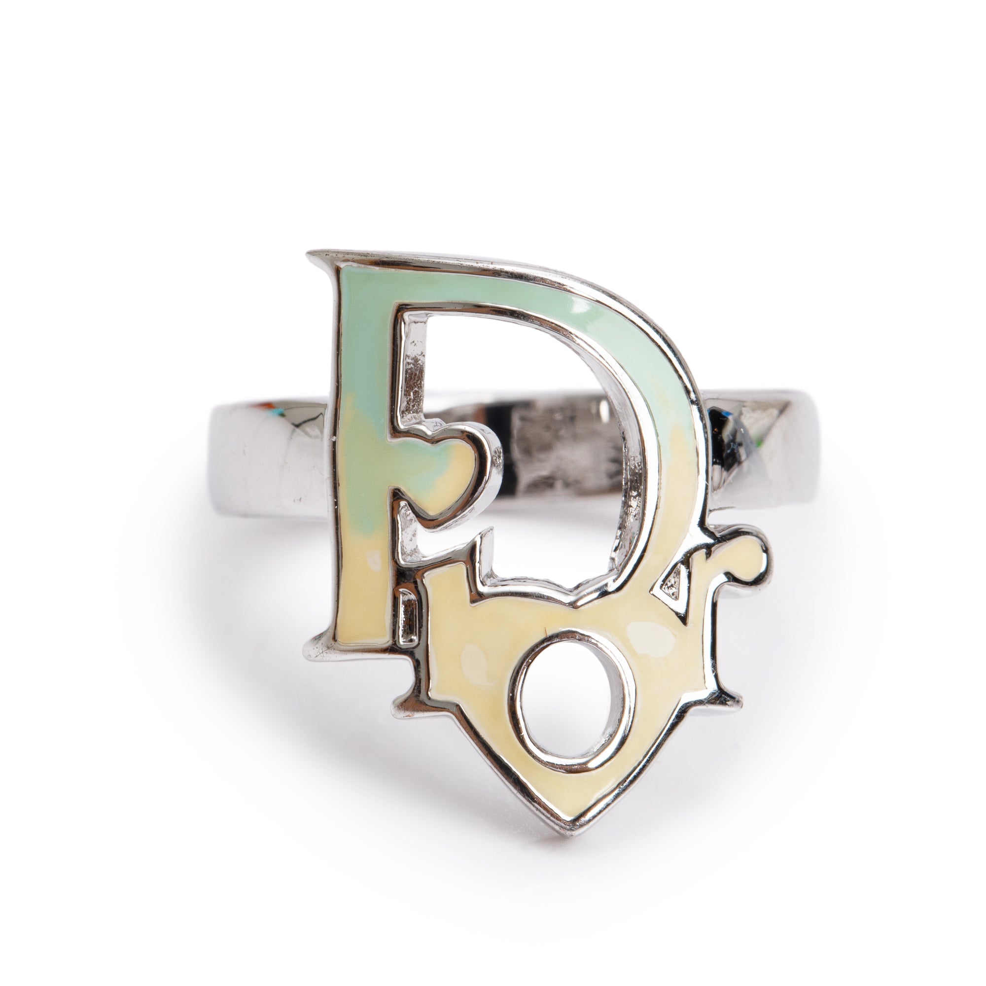 Christian Dior Palladium Plated Enamel Logo Ring, Size 6