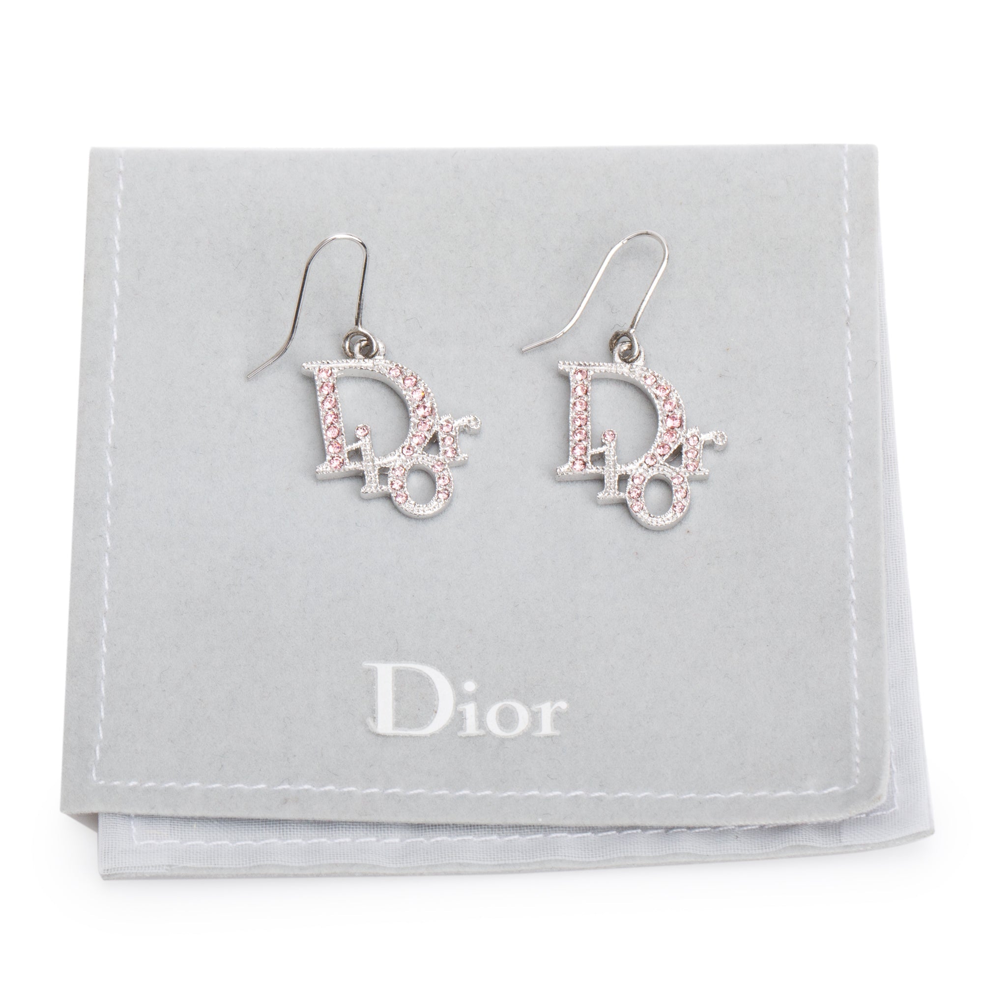 Christian Dior Palladium-Plated Metal Pink Crystal Logo Drop Earrings