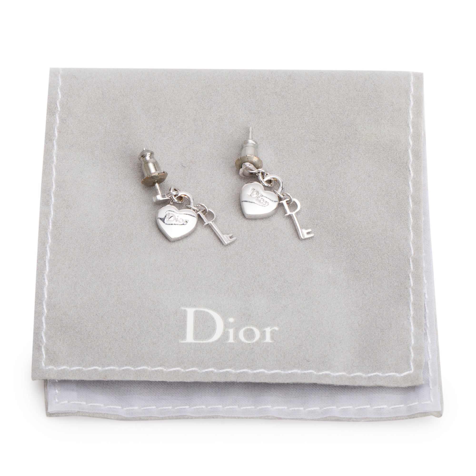 Christian Dior Palladium Plated Mini Heart lock & Key Drop Earrings