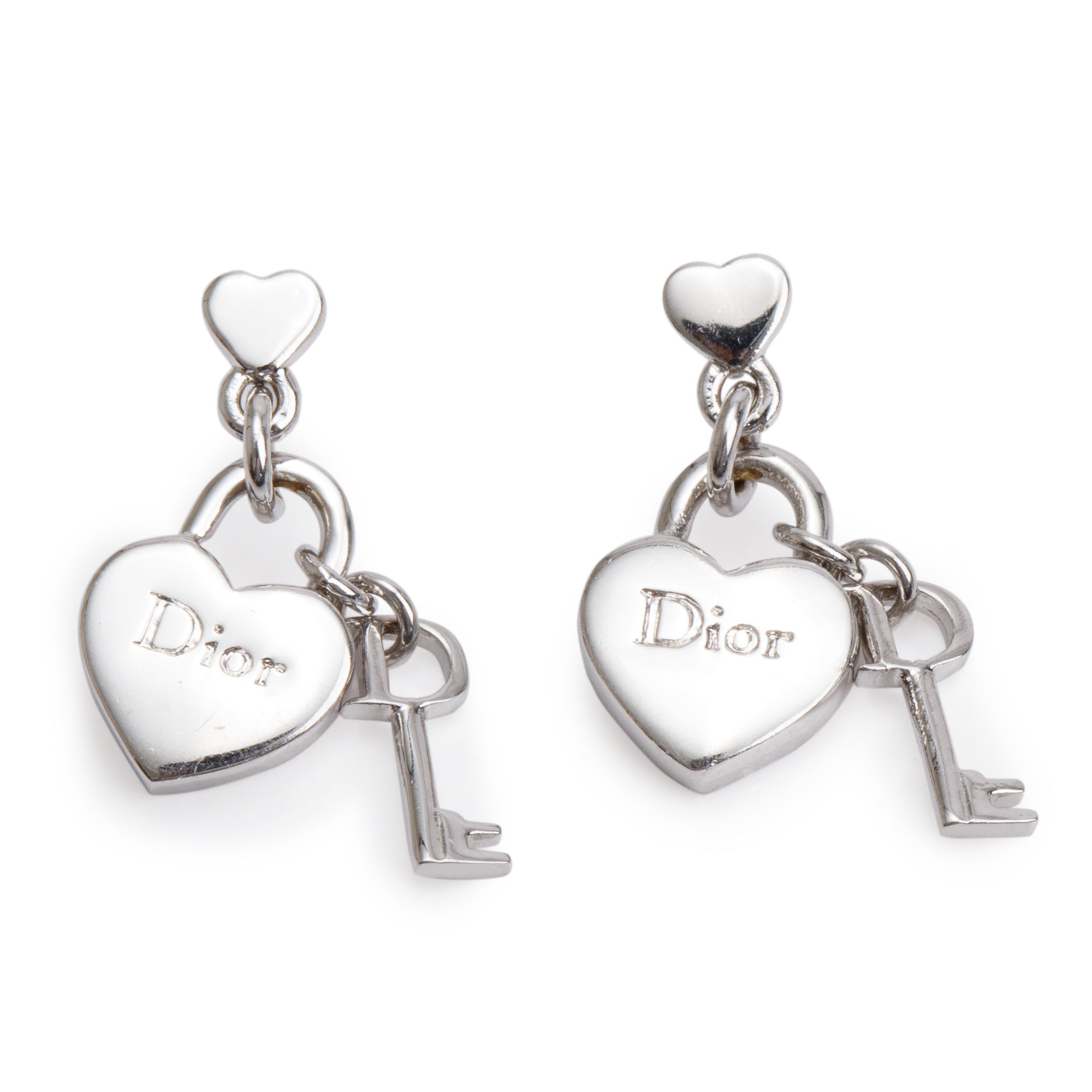 Christian Dior Palladium Plated Mini Heart lock & Key Drop Earrings