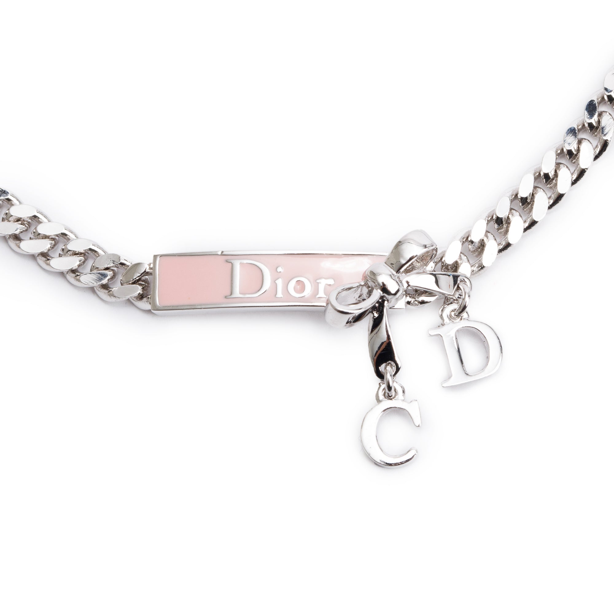 Christian Dior Palladium Plated Pink Enamel Logo Bow Pendant Necklace