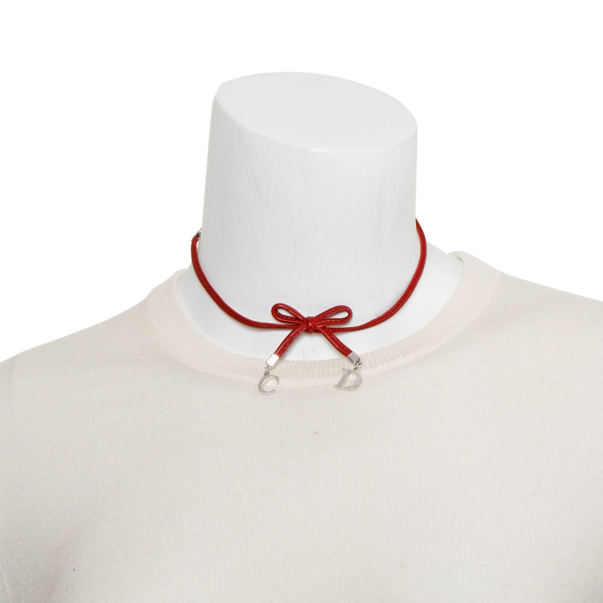 Christian Dior Palladium Plated Red Leather CD Bow Choker Necklace w/ Box