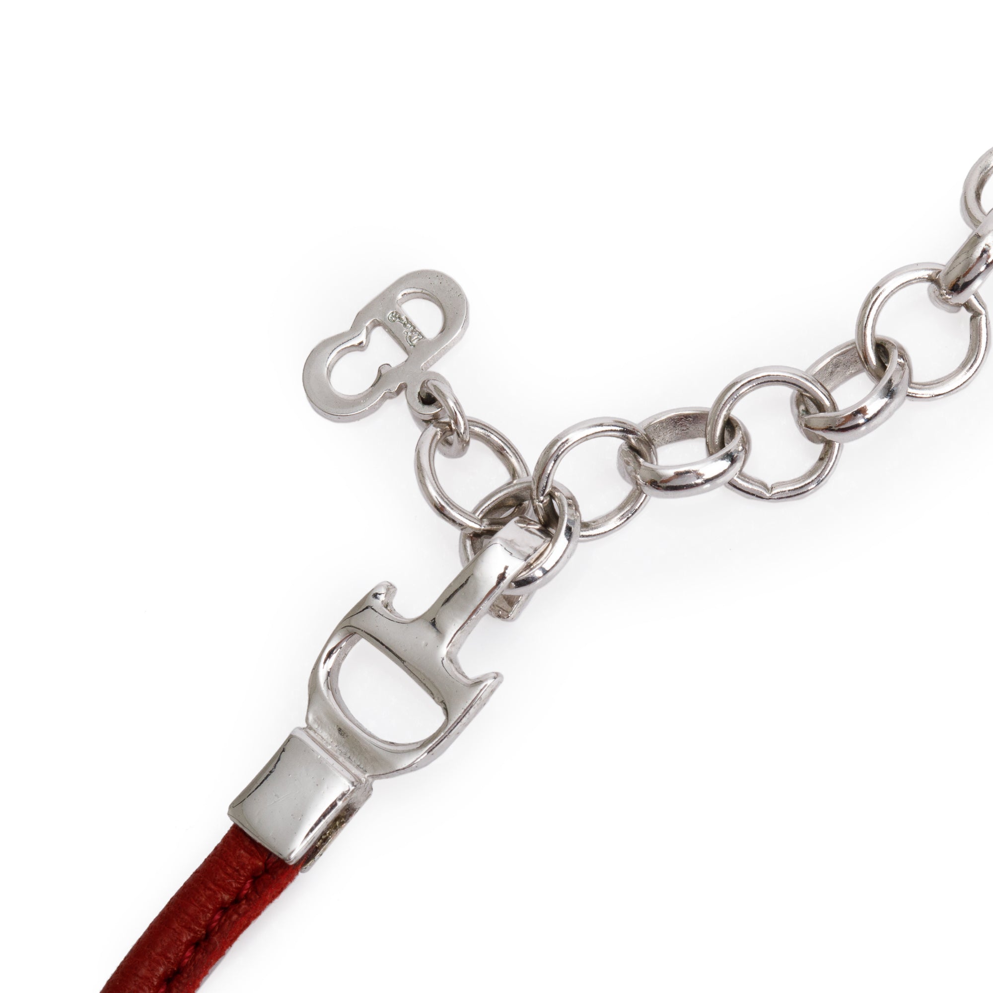 Christian Dior Palladium Plated Red Leather CD Bow Choker Necklace w/ Box