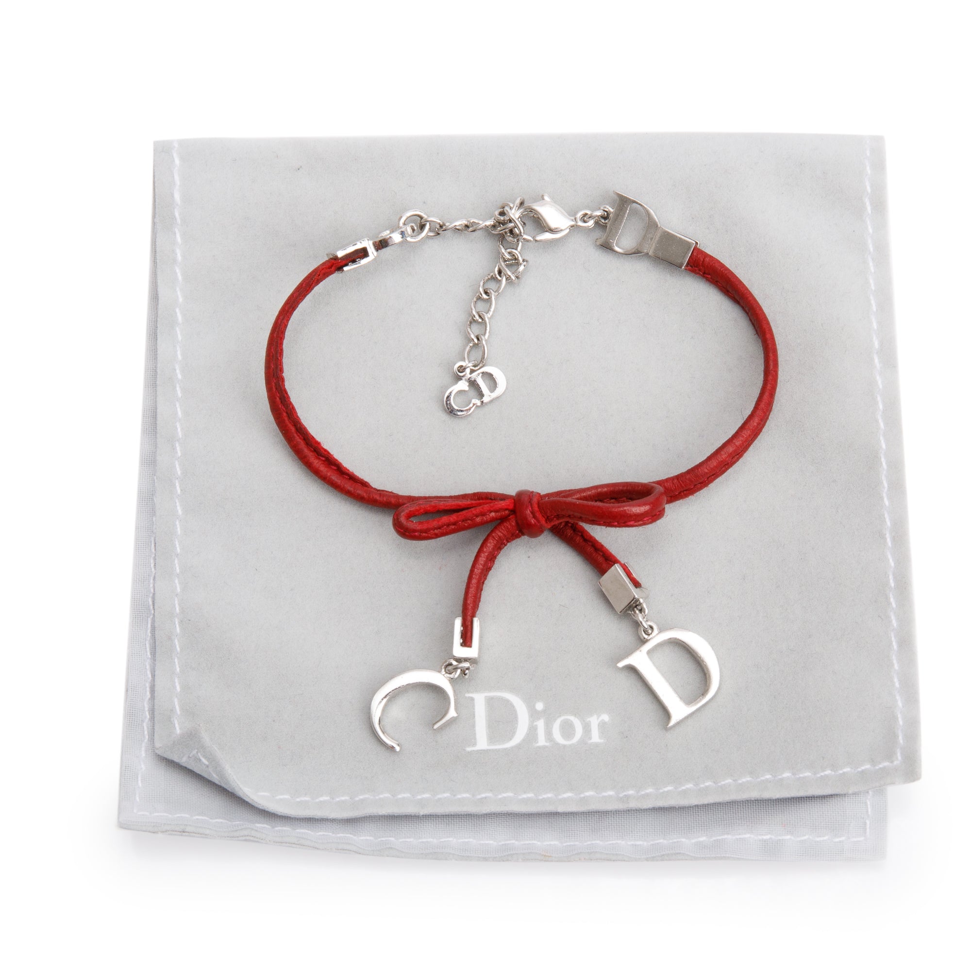 Christian Dior Palladium Plated Red Leather CD Bow Wrap Bracelet