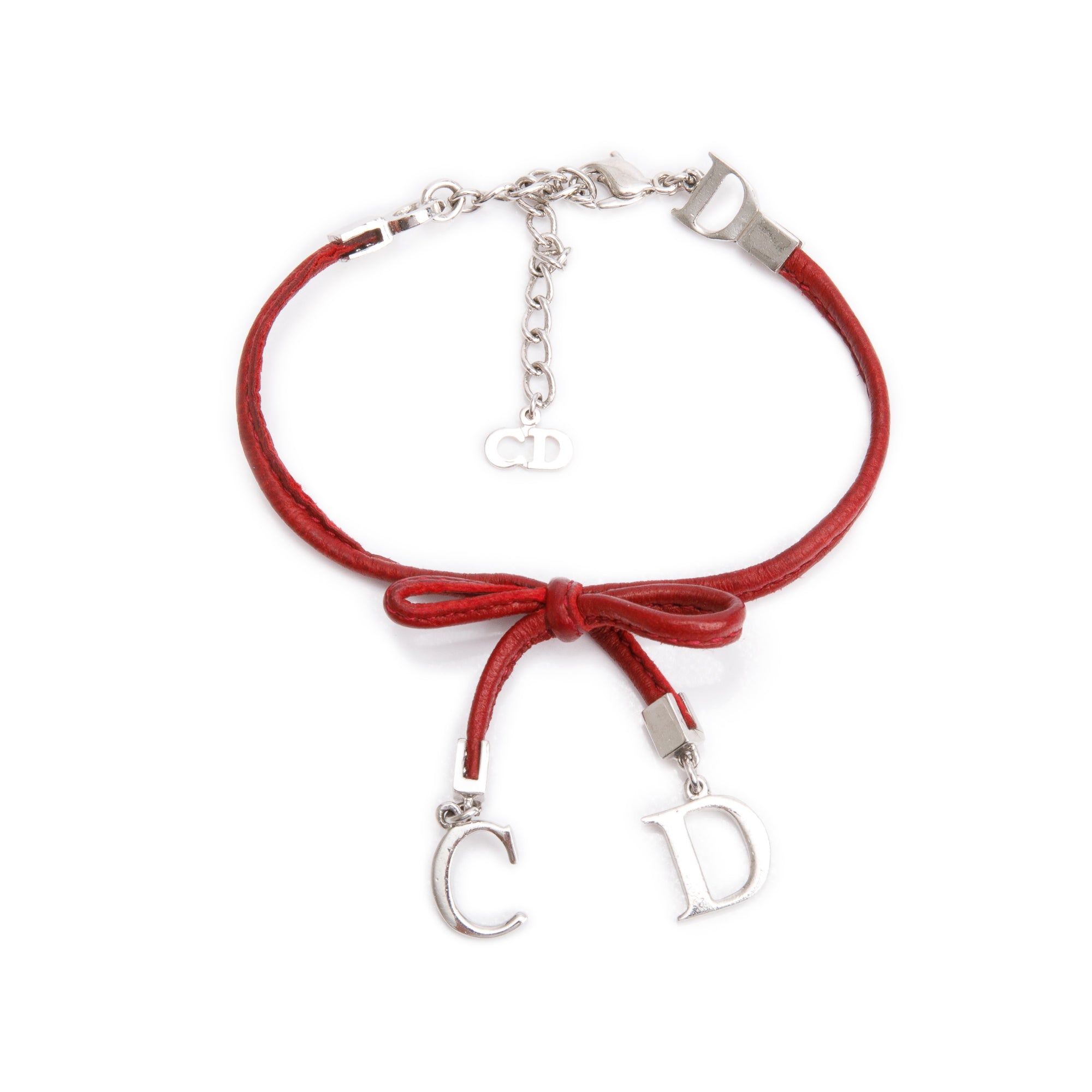 Christian Dior Palladium Plated Red Leather CD Bow Wrap Bracelet