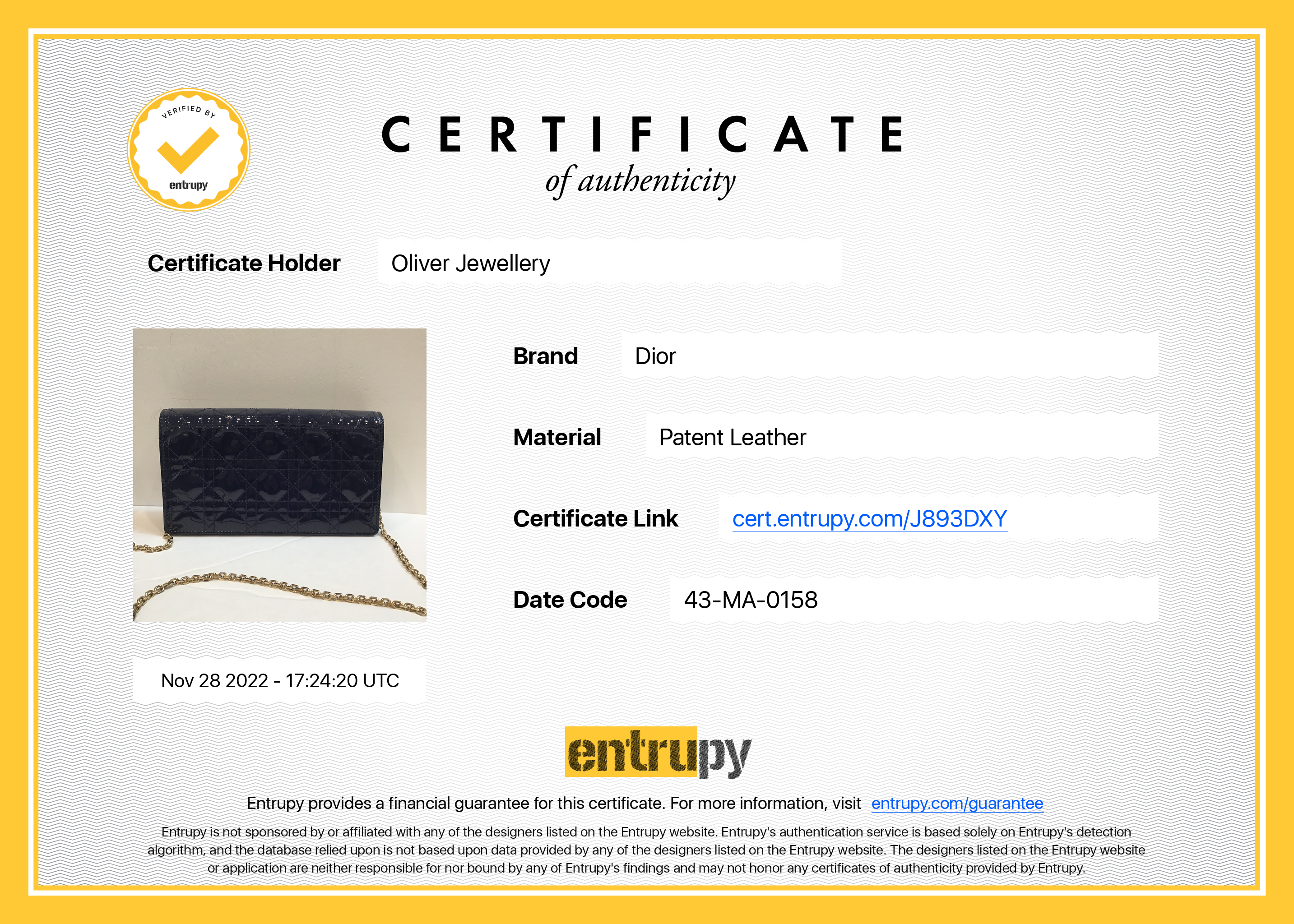 Christian Dior Patent Cannage Leather Lady Dior Chain Pouch w/ Box & Inserts