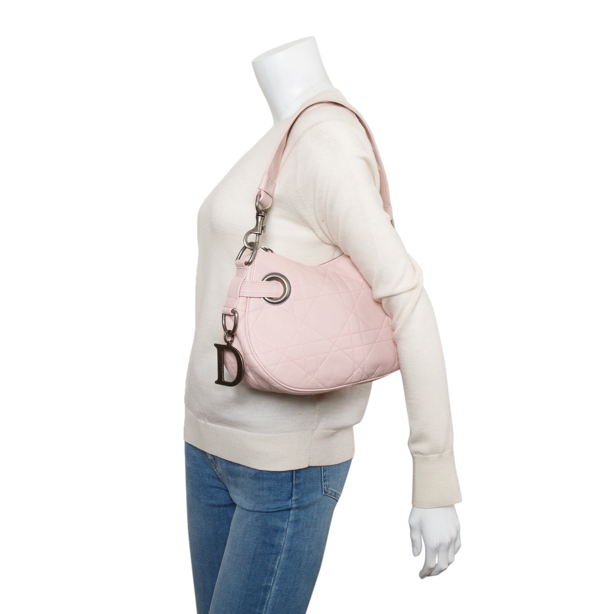 Christian Dior Pink Cannage Lambskin Leather Small D Charm Hobo w/ Authenticity Card