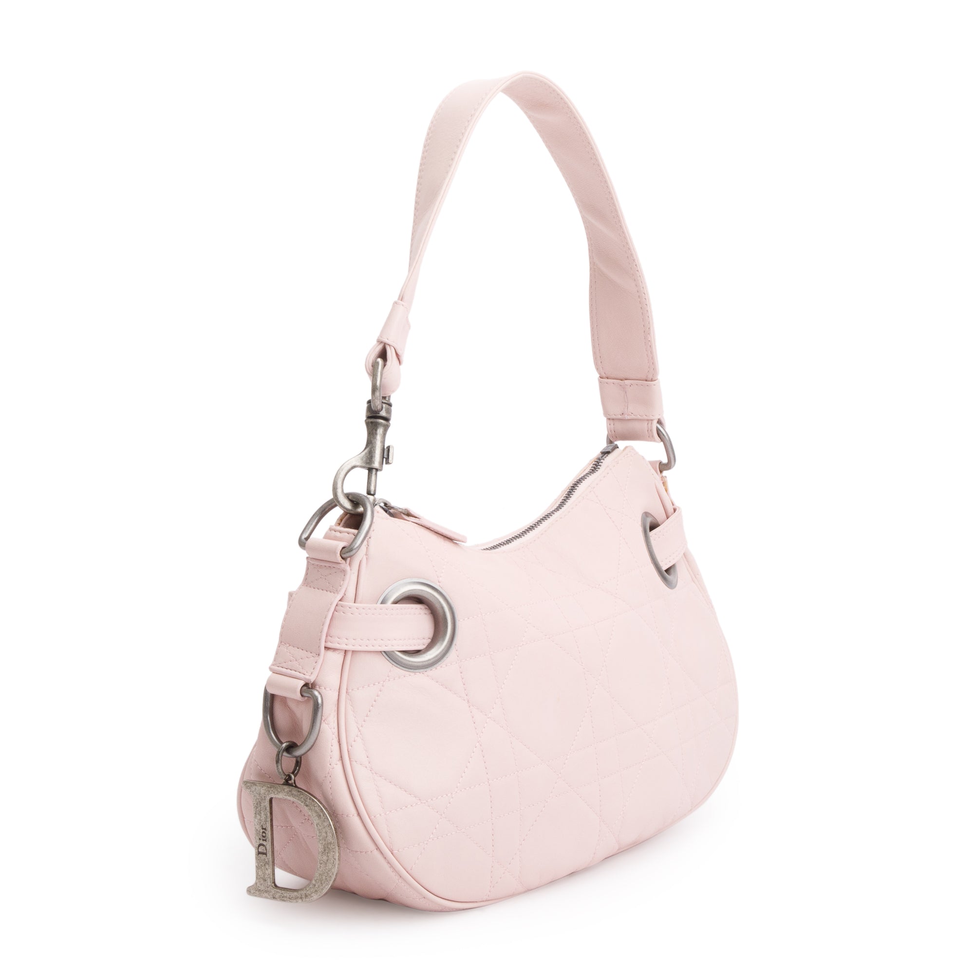 Christian Dior Pink Cannage Lambskin Leather Small D Charm Hobo w/ Authenticity Card