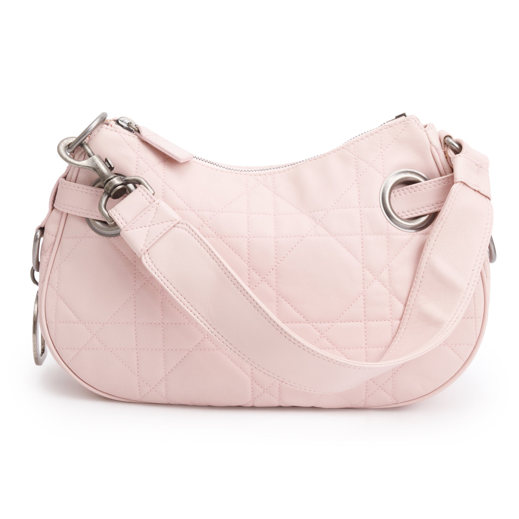 Christian Dior Pink Cannage Lambskin Leather Small D Charm Hobo w/ Authenticity Card