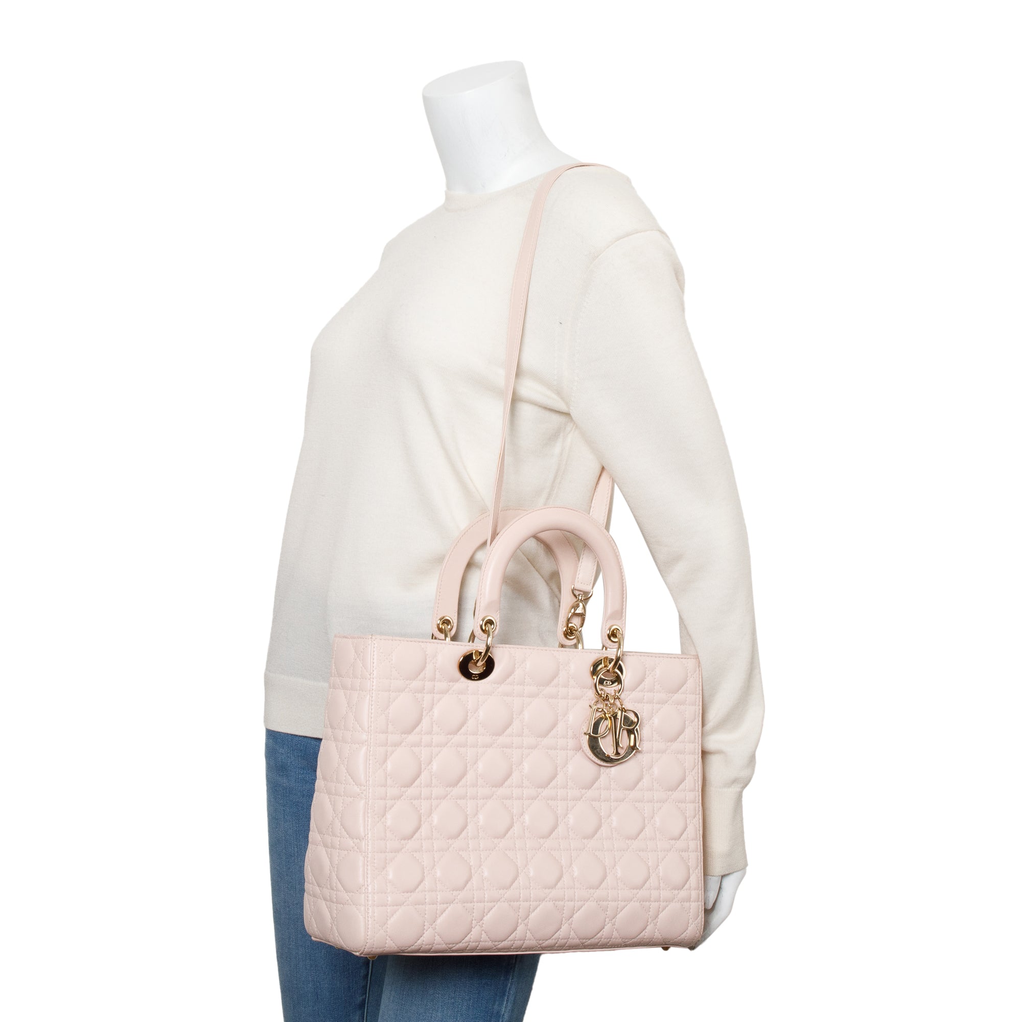 Christian Dior Pink Cannage Leather Large Lady Dior Bag w/ Strap & Authenticity Card