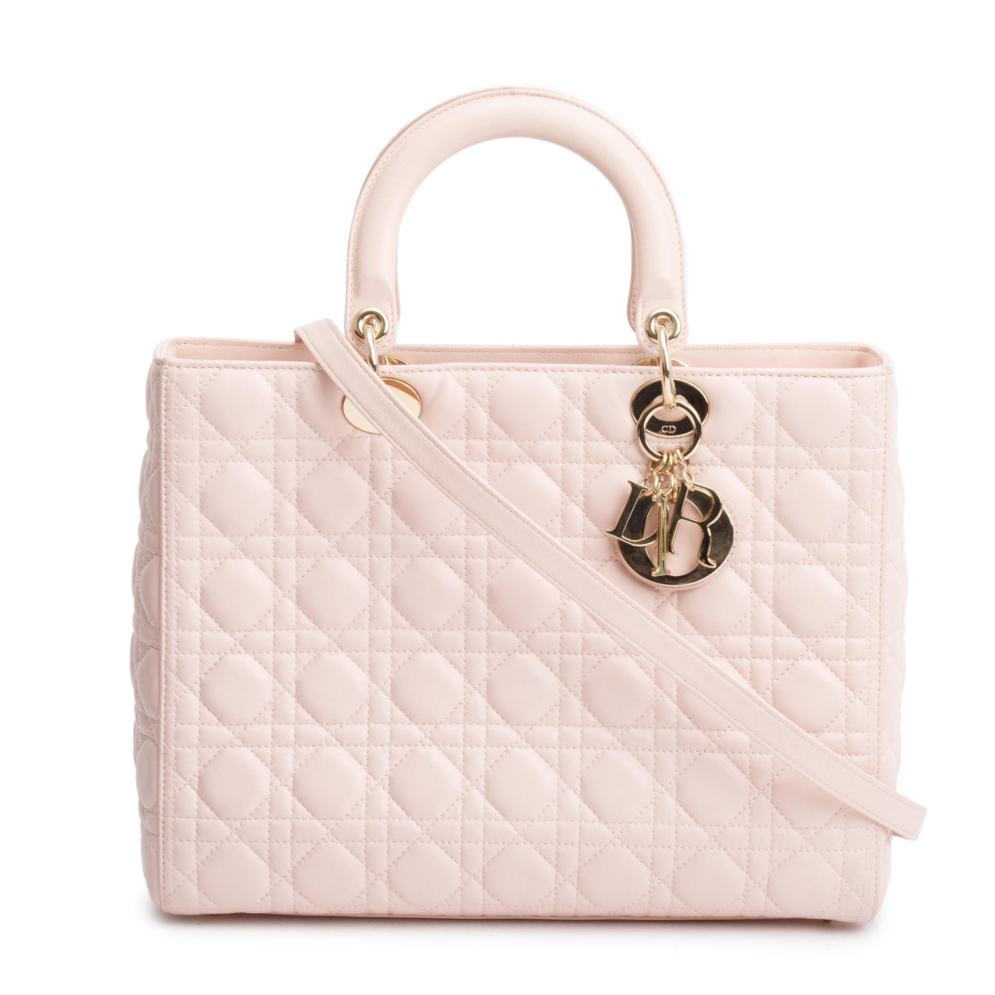 Christian Dior Pink Cannage Leather Large Lady Dior Bag w/ Strap & Authenticity Card