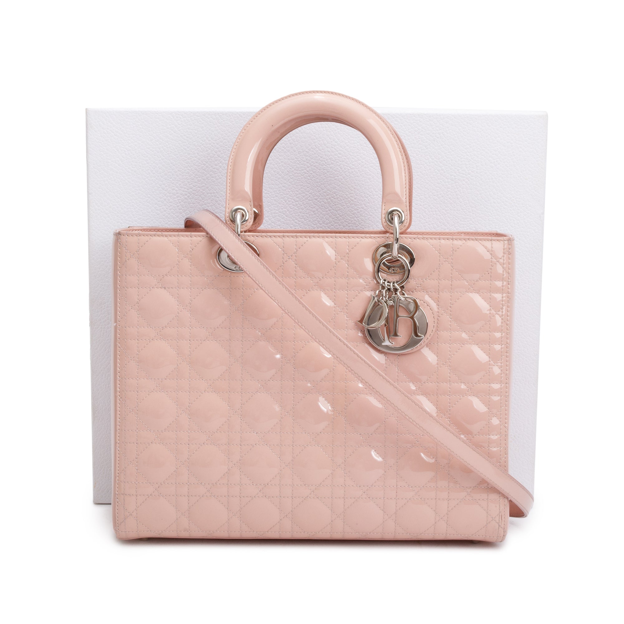 Christian Dior Pink Cannage Patent Leather Large Lady Dior Bag w/ Box & Strap