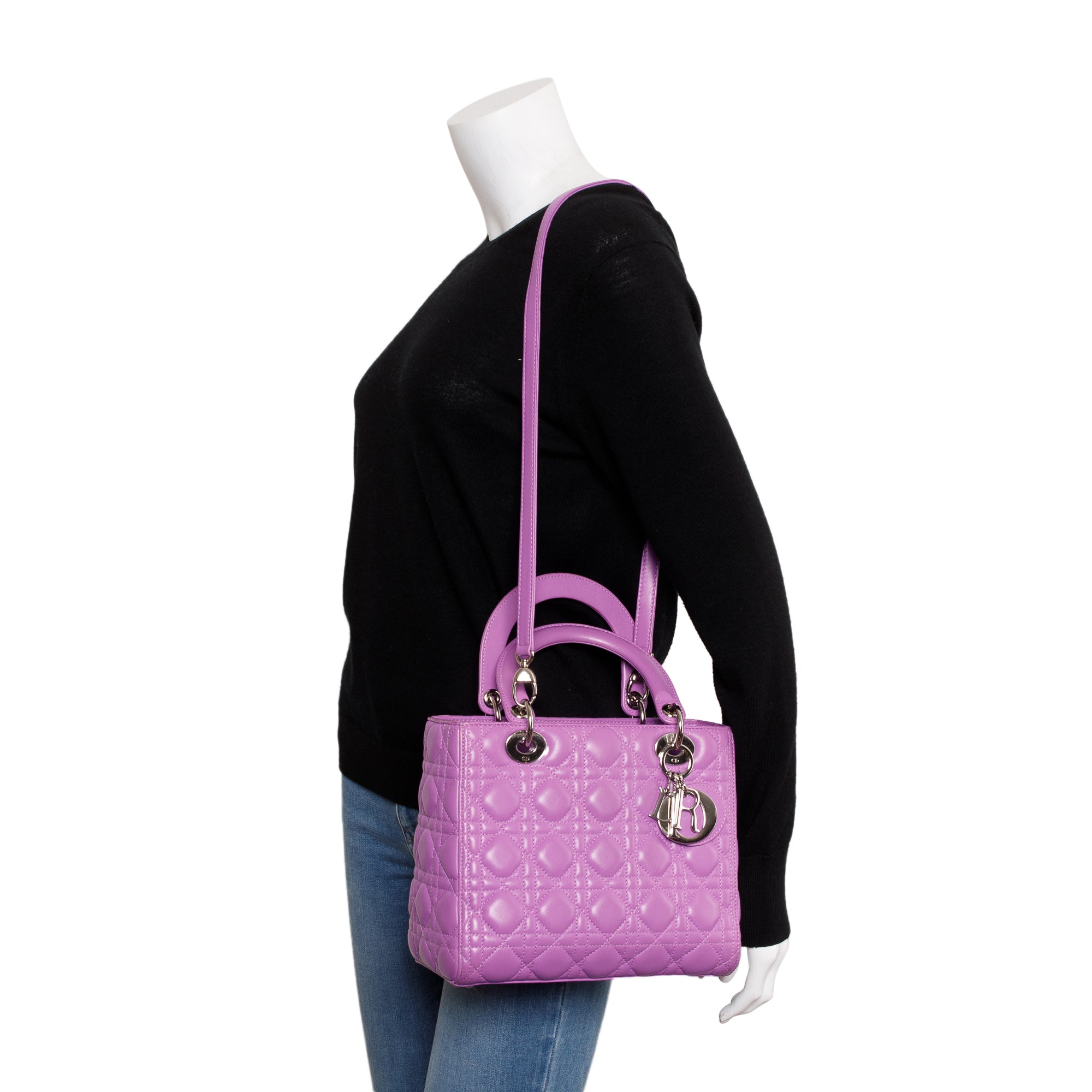 Christian Dior Purple Cannage Lambskin Leather Medium Lady Dior Bag w/ Strap & Box