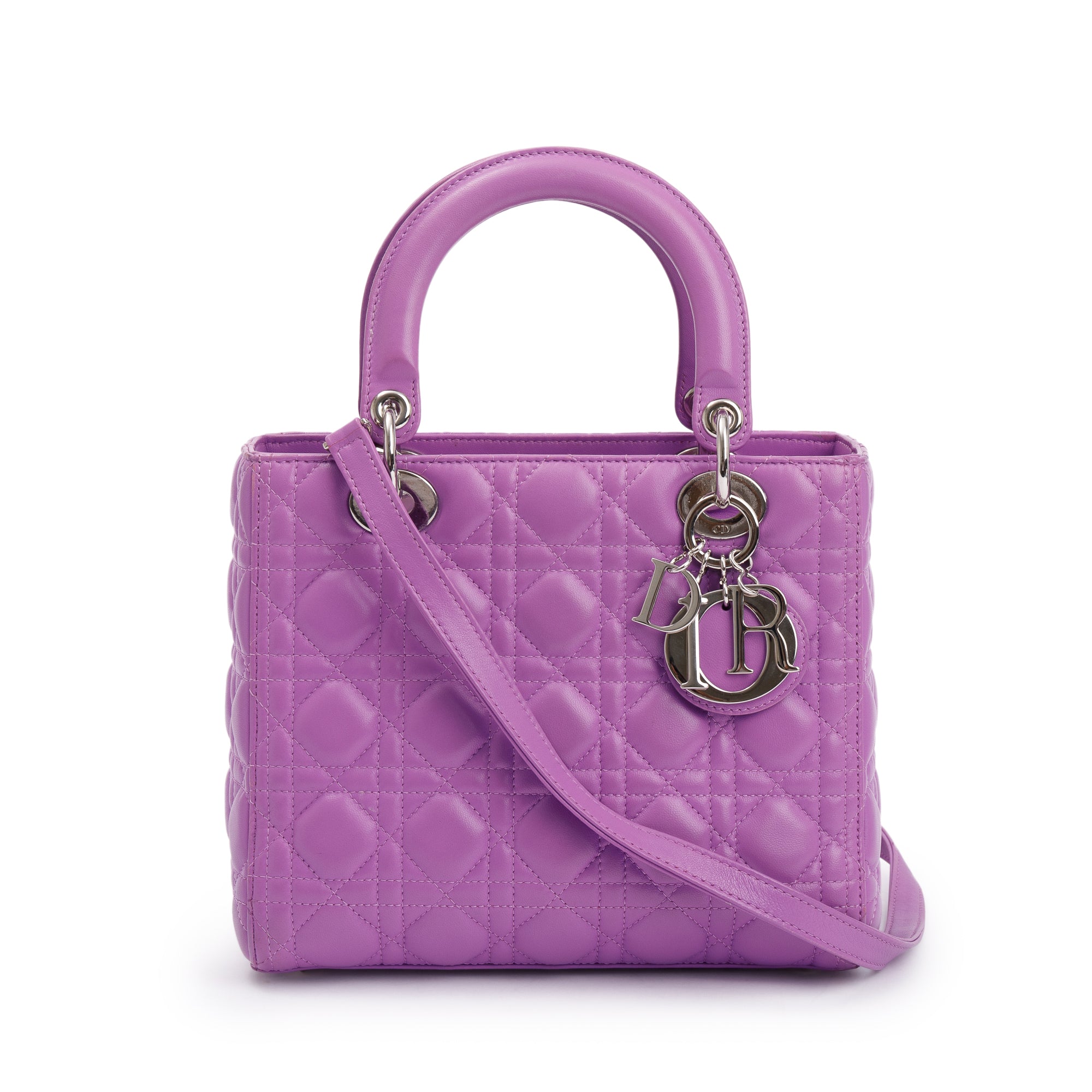 Christian Dior Purple Cannage Lambskin Leather Medium Lady Dior Bag w/ Strap & Box