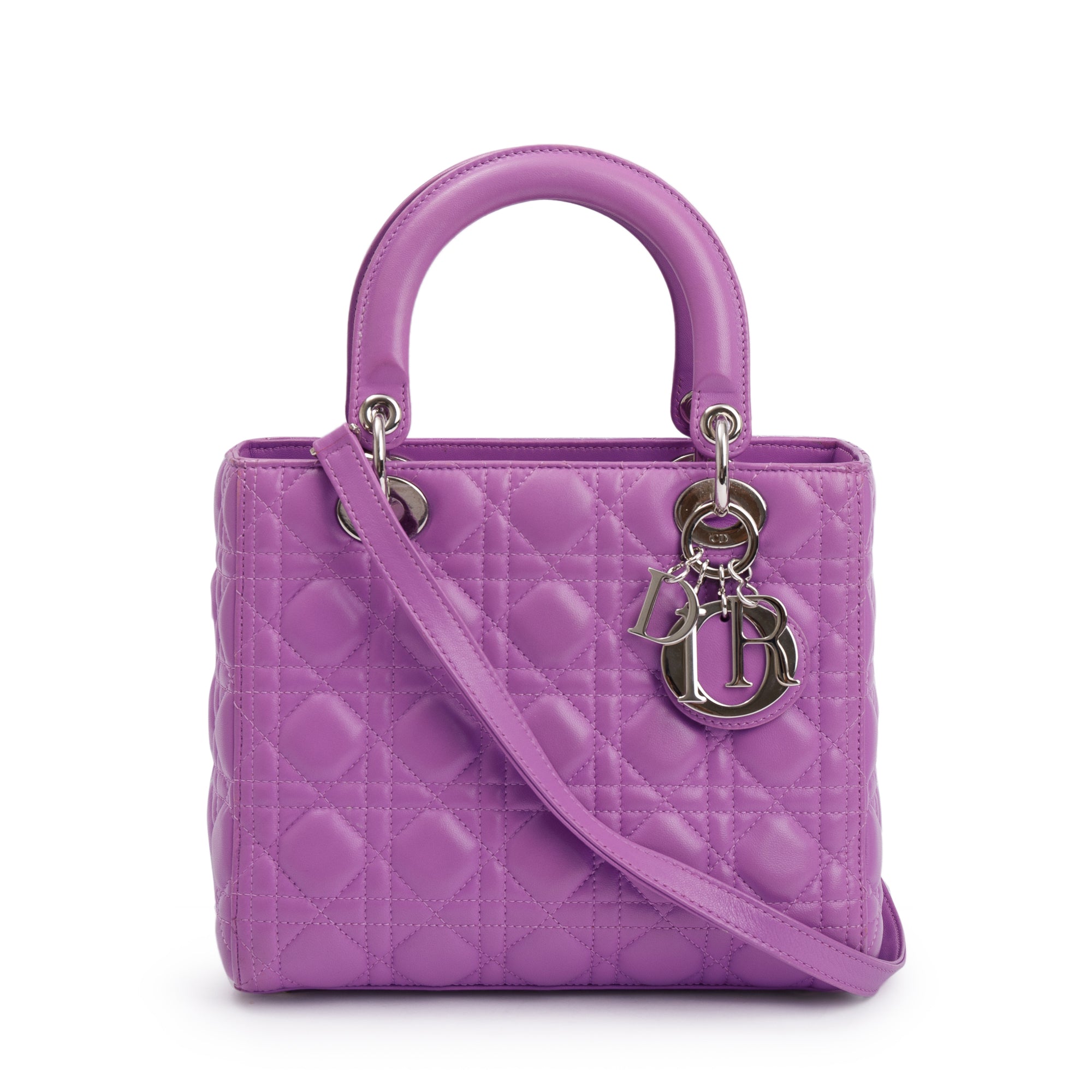 Christian Dior Purple Cannage Lambskin Leather Medium Lady Dior Bag w/ Strap & Box