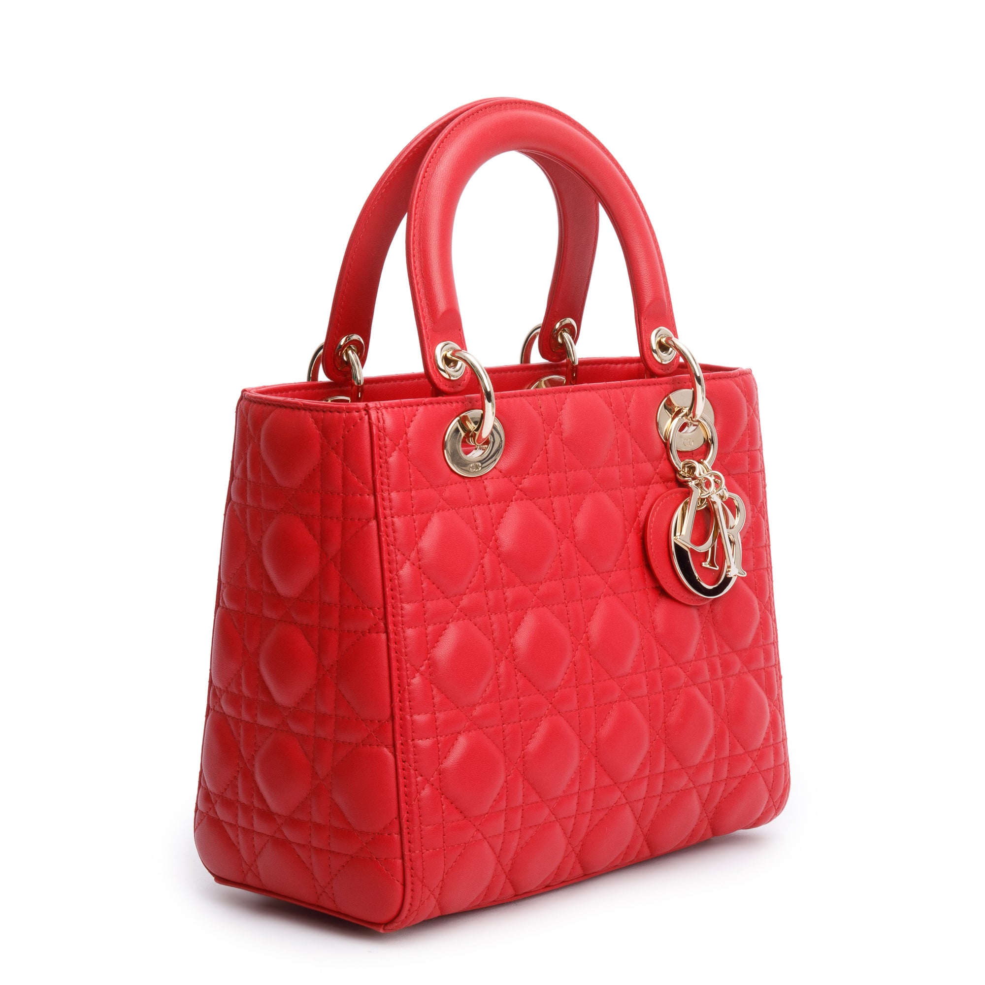 Christian Dior Red Cannage Lambskin Leather Small Lady Dior Bag w/ Strap & Authenticity Card