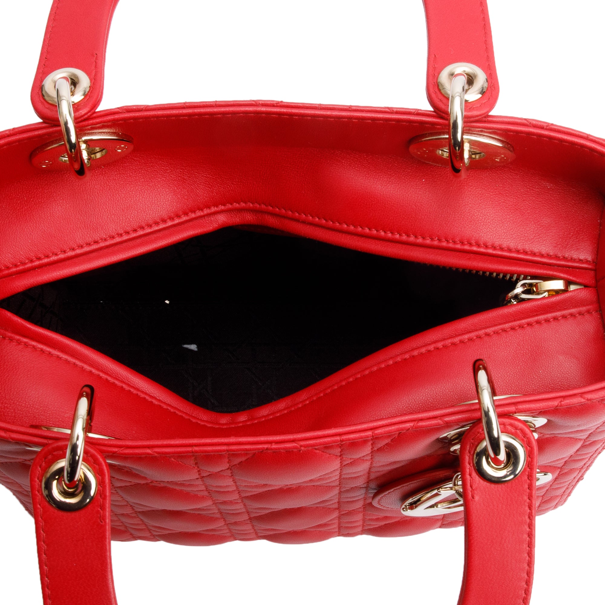 Christian Dior Red Cannage Lambskin Leather Small Lady Dior Bag w/ Strap & Authenticity Card
